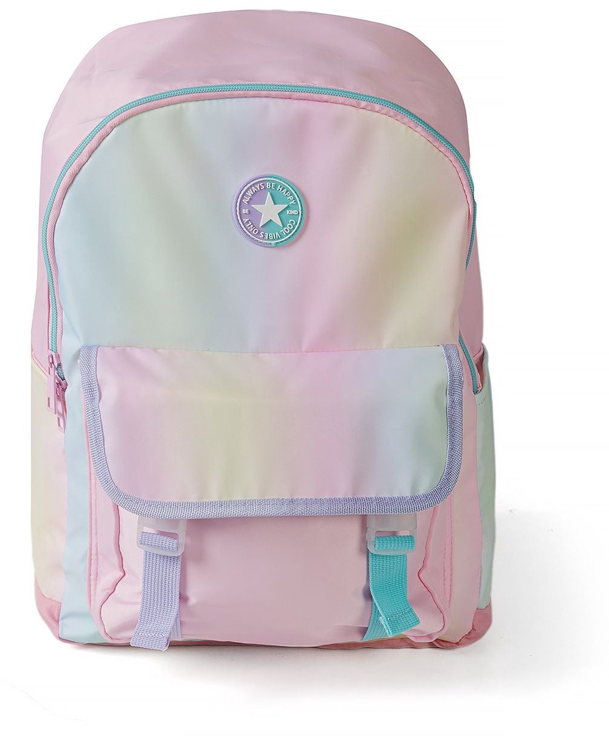 Minoti schooltas meisje – pastelregenboog – ronde sterbadge – roze