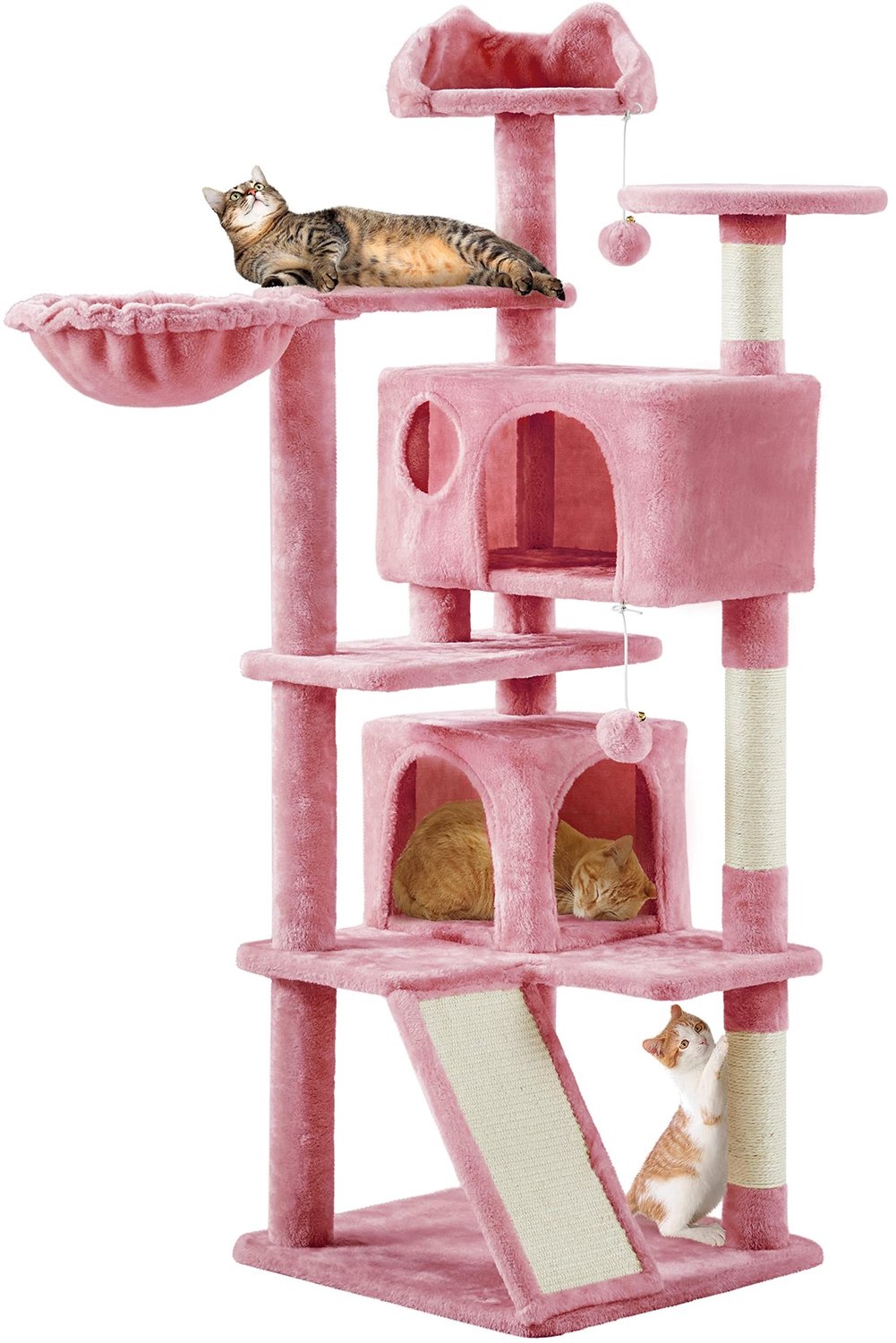 Famanu – Kattenboom 145 cm, Klimtoren met 2 Kattenholletjes, 3 Kijkplatforms, Krabpaal, Speelgoed, Roze