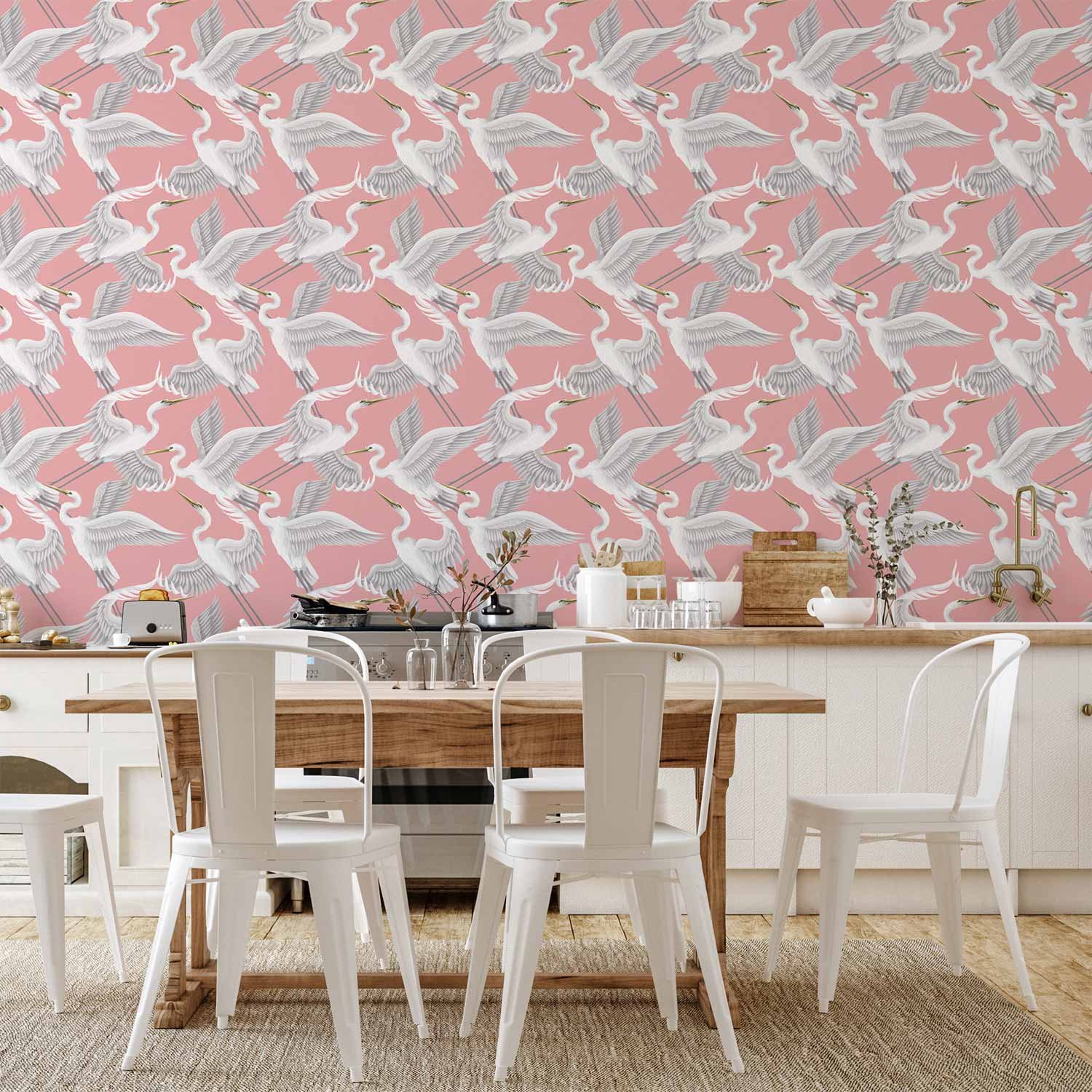 Behang - Pastel birds – a delicate pattern of white and grey herons on a light pink background