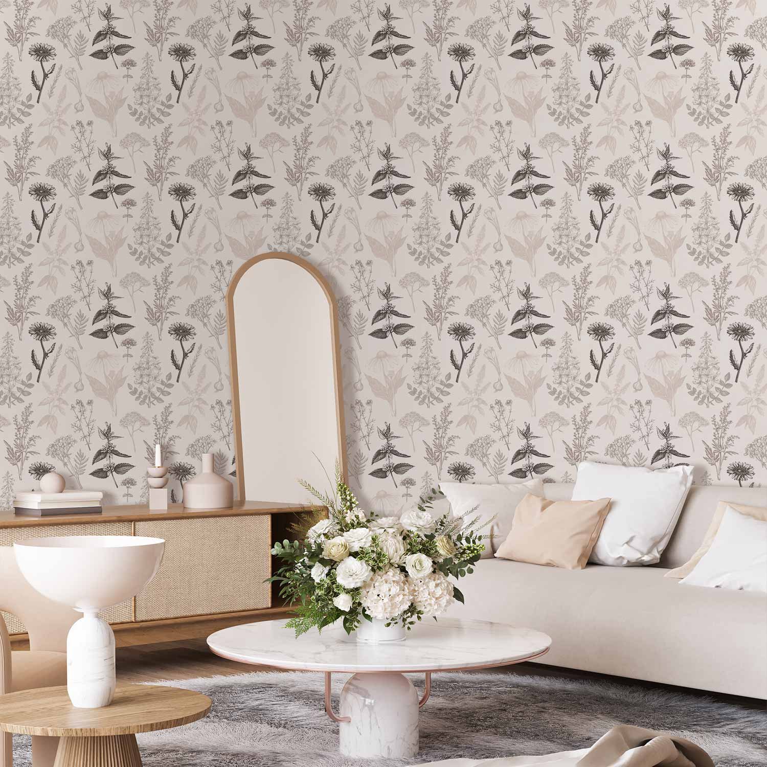 Behang - Flowers and herbs in warm greys