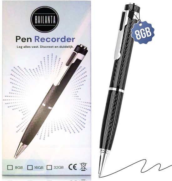 Zwarte pen met clip naast de verpakking, waarop 'Bailanta Pen Recorder' en 8GB staat vermeld.