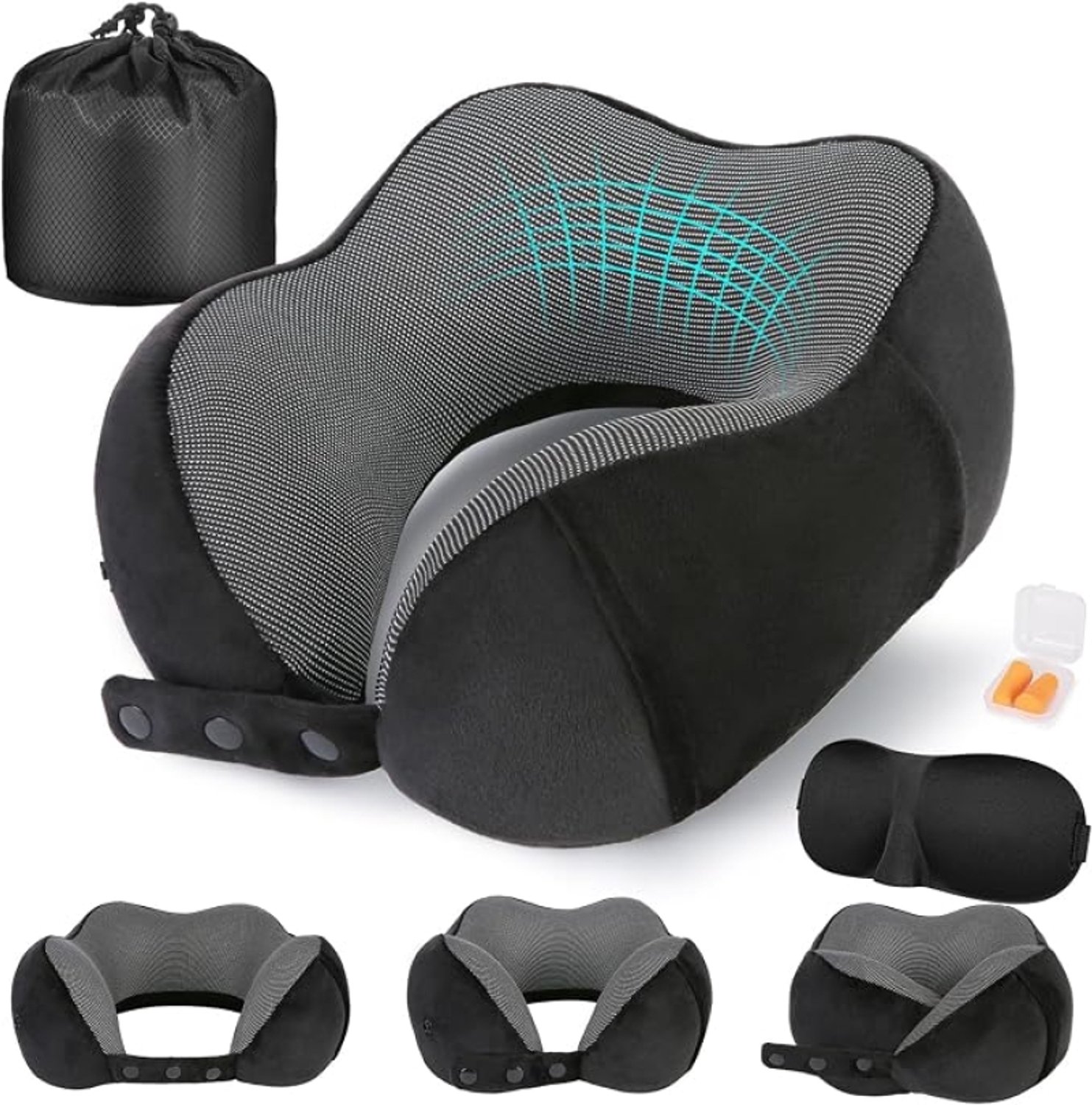 Nazik Living Reiskussen voor Vliegtuig, Traagschuim Nekkussen voor Volwassenen, Verstelbaar en Compact met Oogmasker, Oordopjes en Draagtas