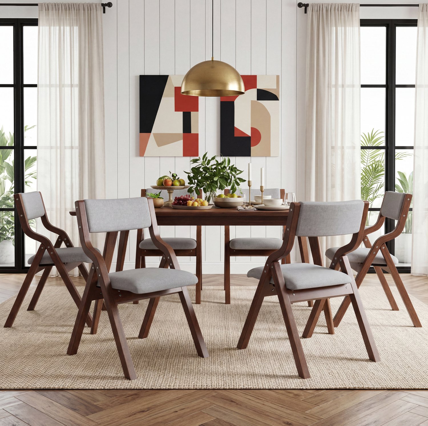 WUVRIE Set van 4 opvouwbare eetkamerstoelen - Met armleuningen en stoffen bekleding - Grijs