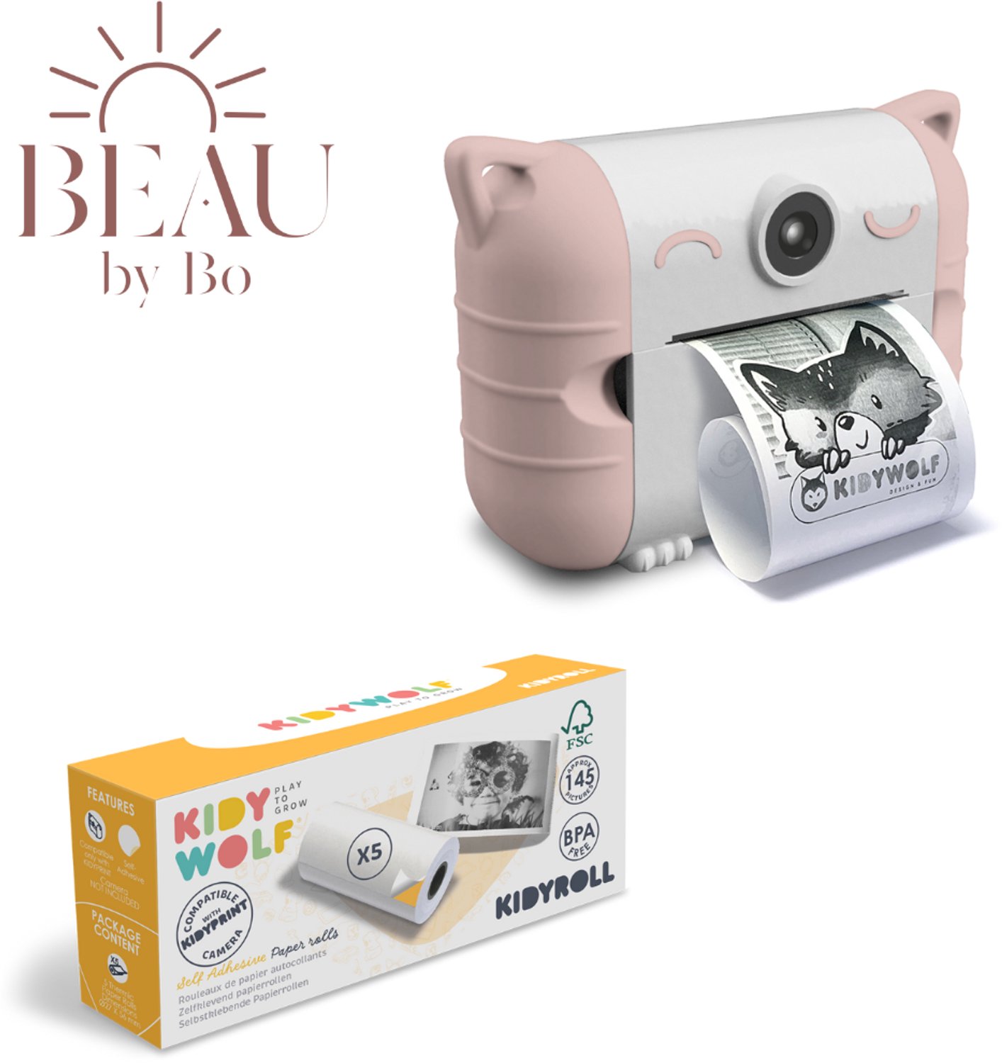 Bundel Kidywolf Camera met thermische printer Roze + Refill 5 rolletjes Zelfklevend
