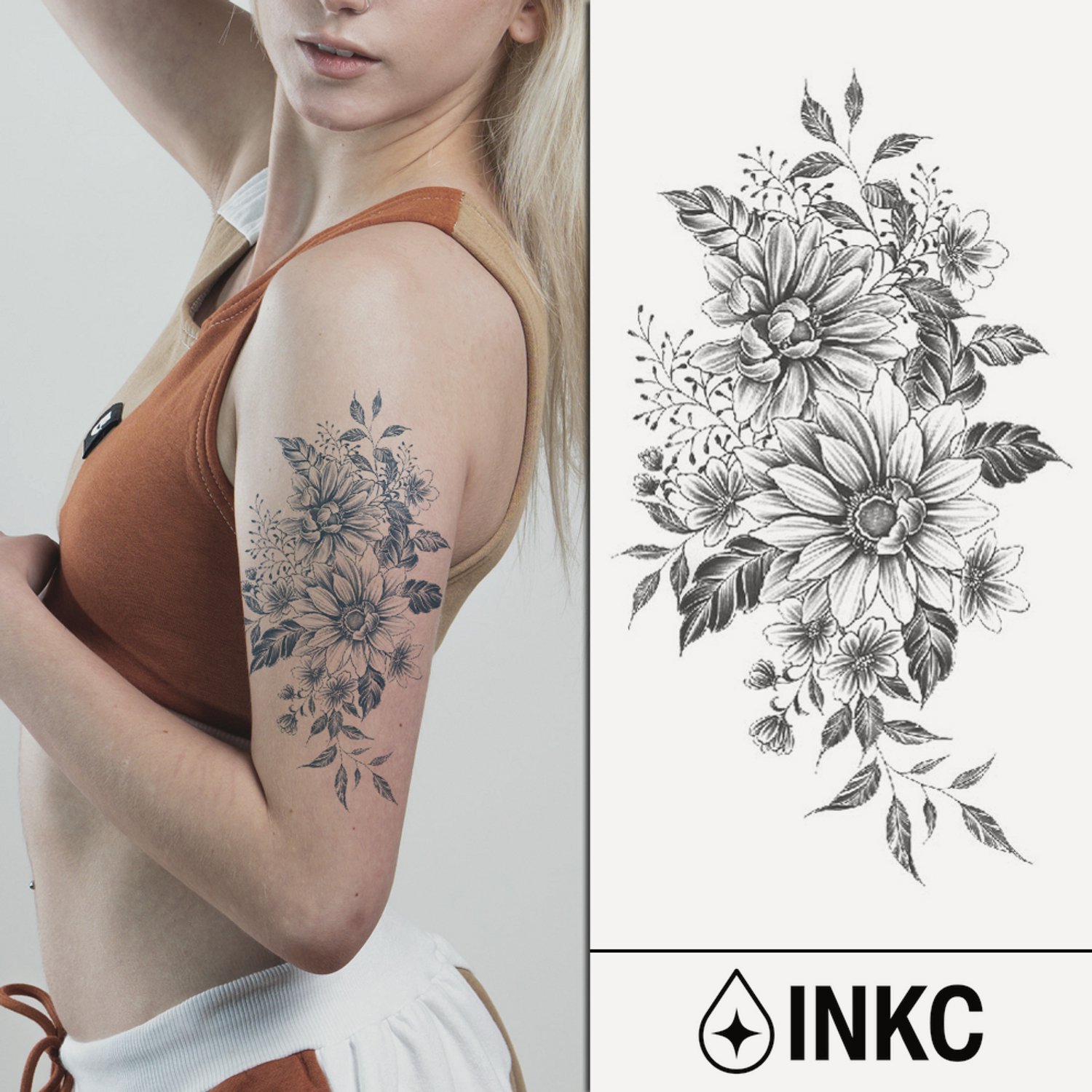 INKC - Tijdelijke Tattoo - Bloemenstijl - Nep Tattoo - Plak Tattoos - Blijft tot 2 weken - 11 x 18cm