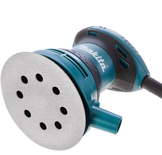 Makita excenterschuurmachine met 125mm schuurschijf met gaten, in kenmerkend blauw en zwart design.