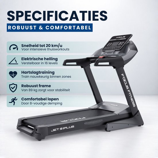 Specificaties van de Focus Fitness Jet 9 iPlus: 20 km/u topsnelheid, elektrische helling en demping.