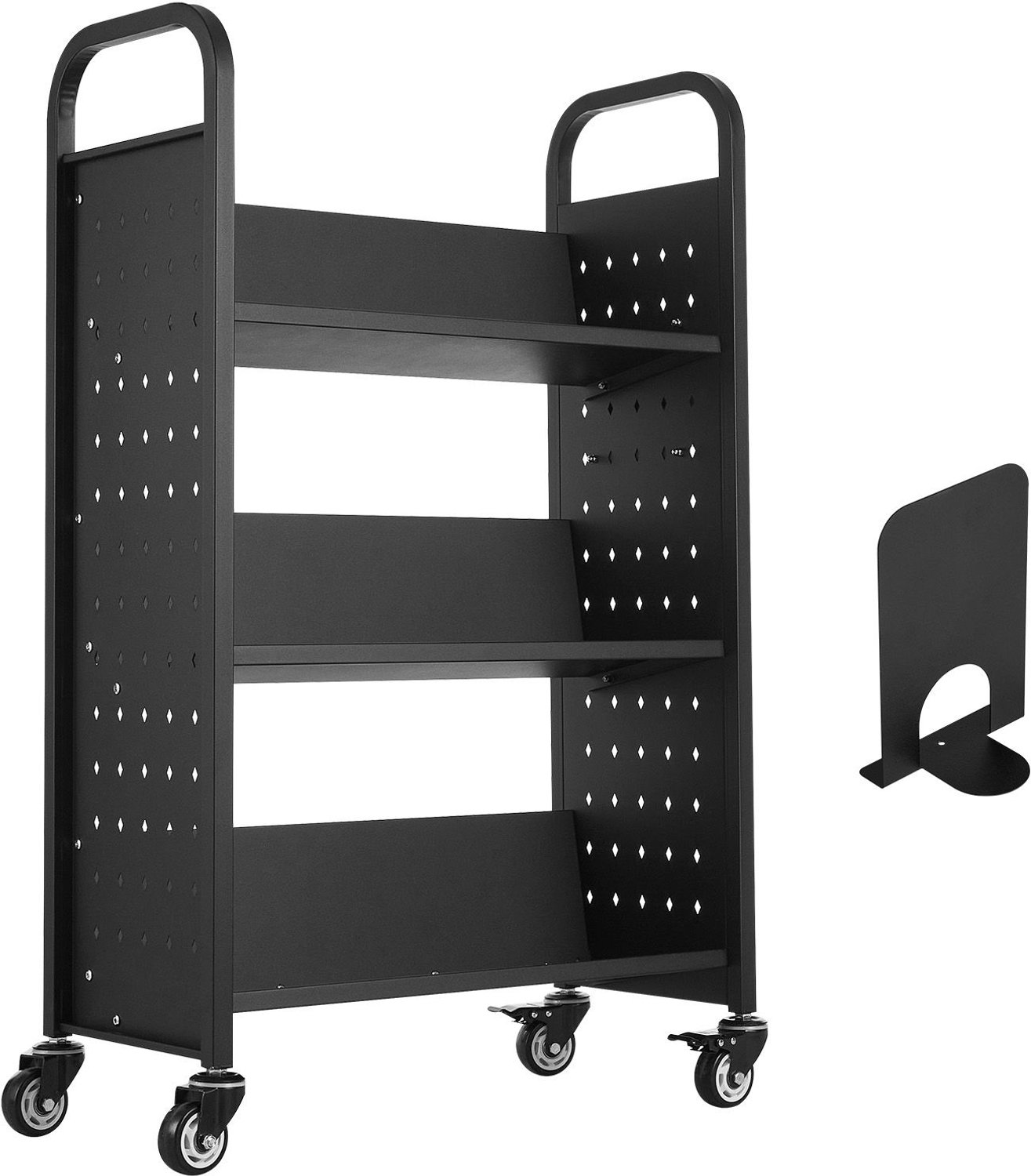 Verrijdbare bibliotheekboekenwagen- draagvermogen 150 kg- 77 x 38 x 122 cm- enkelzijdige V-vormige schappen met vergrendelbare wielen van 76-2 mm- boekenwagen voor thuis- kantoor en school- zwart