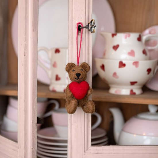 Wolvilt Hanger Teddybeertje met Rood Hartje - Fairtrade Homedeco - 9x5x5cm — afbeelding 2