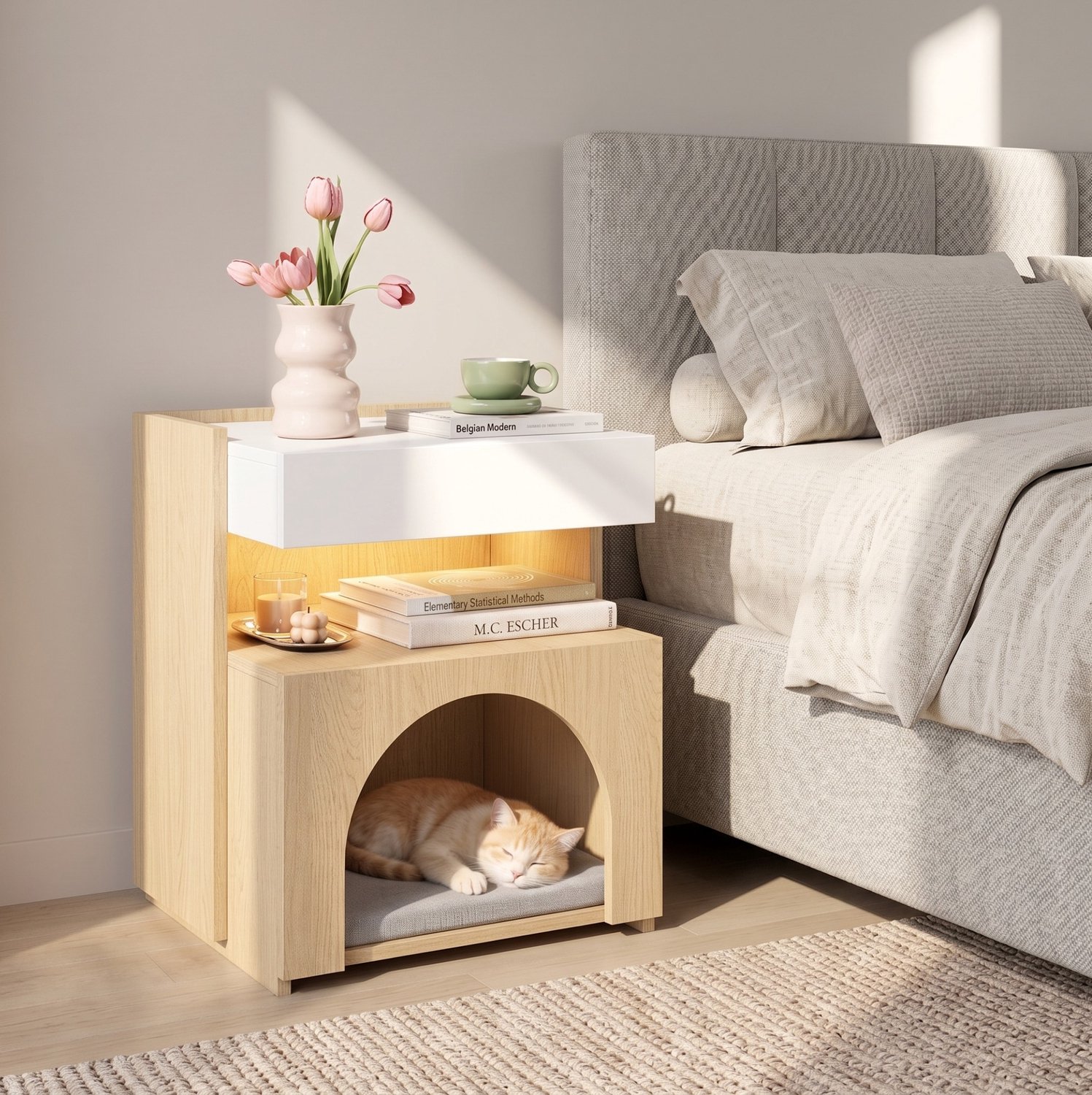 HAUSS SPOLE Nachtkastje Met Kattenhol - Lade En Ledverlichting - Voor Slaapkamer En Woonkamer - Spaanplaat - 47x39x58 Cm - Wit En Naturel Wit en naturel houtkleur