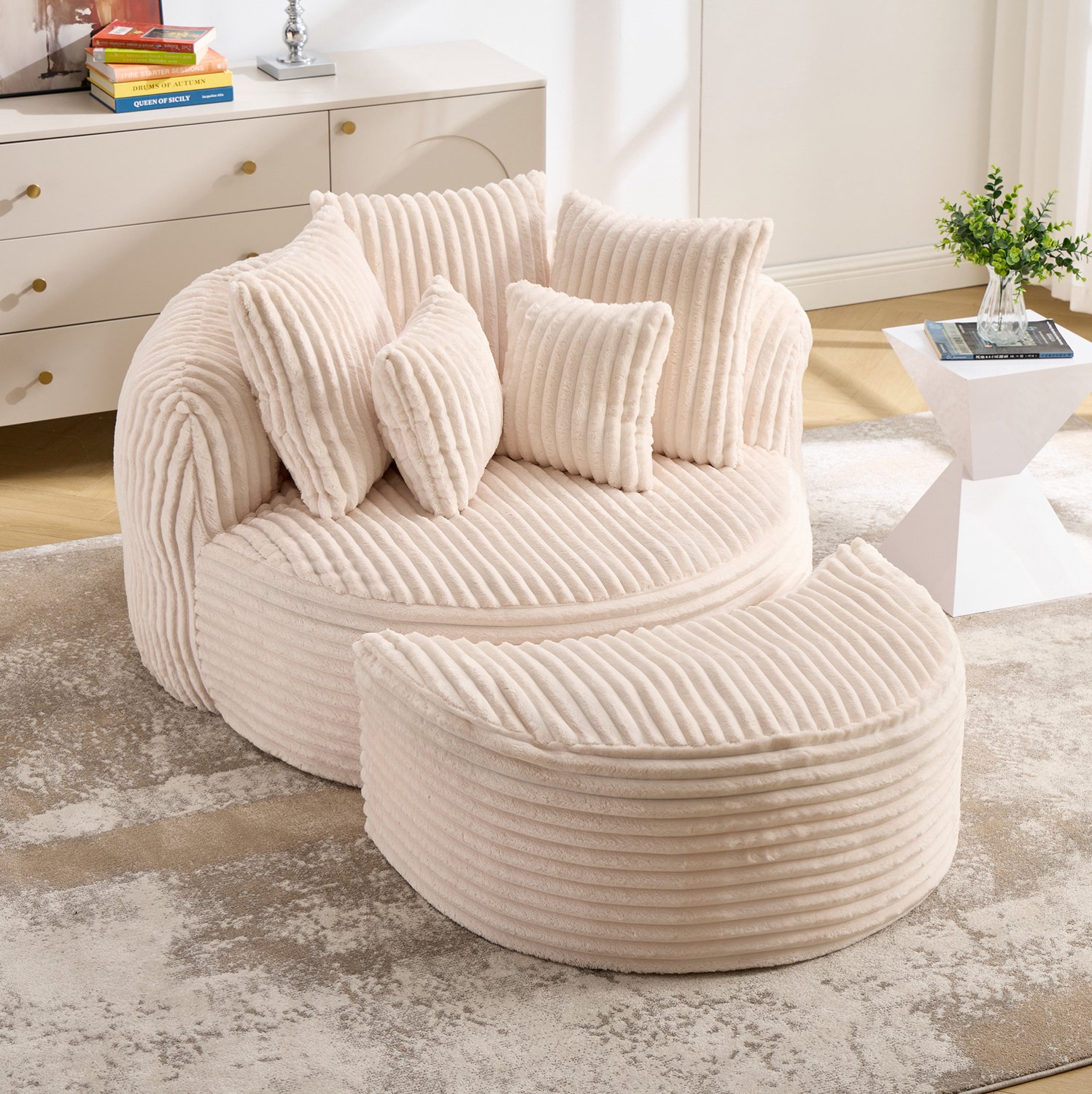 Wishdor Ronde zitzakstoel met rugleuning en armleuningen - Zachte ribstof met vijf kussens - Losse voetenbank als extra zitplek of tafeltje - Voor woonkamer en slaapkamer - Beige - 168 x 123 x 63 cm Licht beige