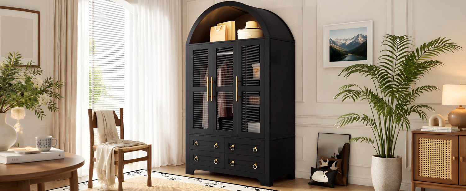 MODENUIT Kledingkast - 3 Deuren Met Glas En 4 Lades - Slaapkamer - Spaanplaat En MDF - Zwart - 110x50x186 Cm