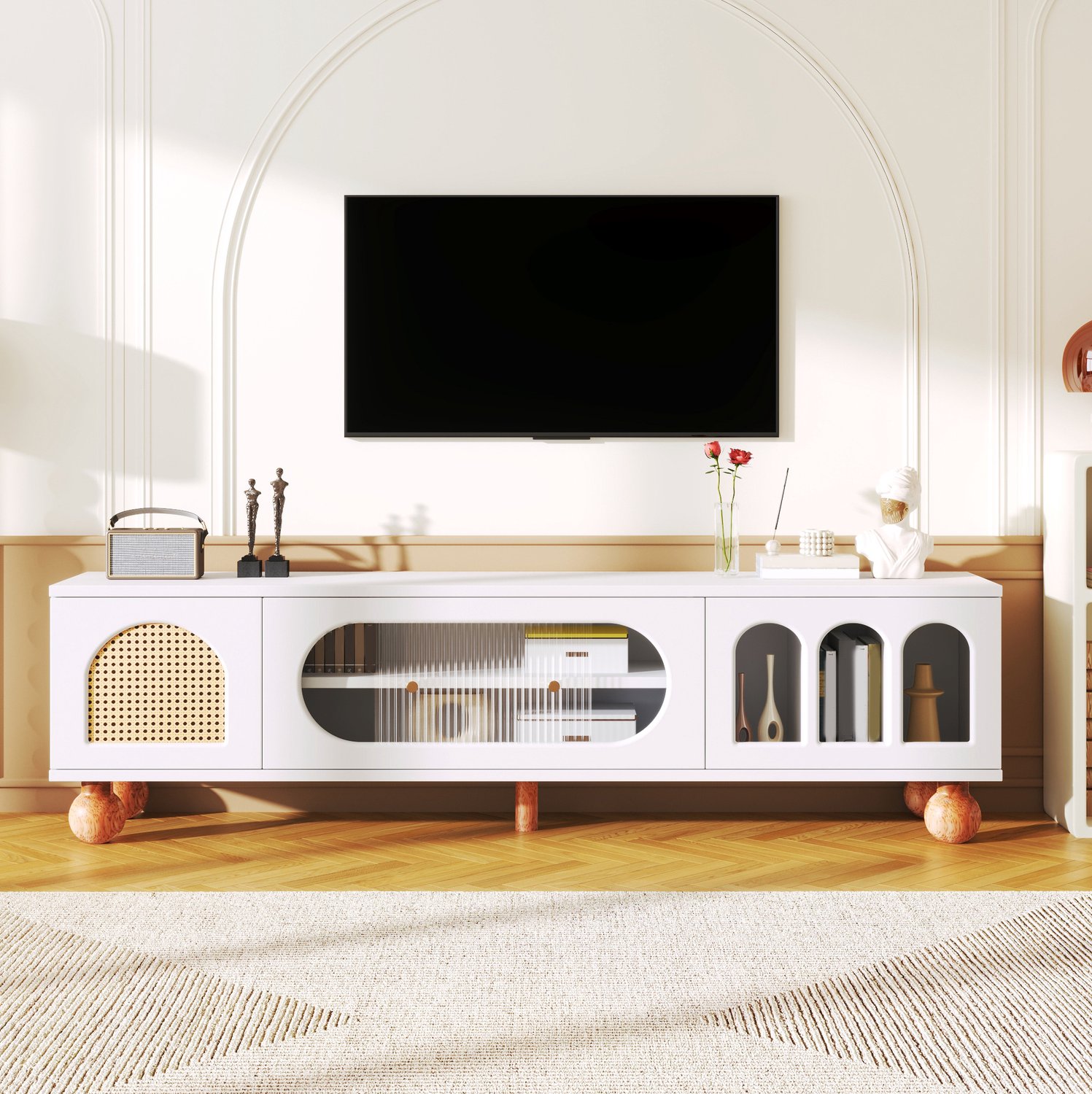 Maisentiel Tv-meubel 170 x 47 x 37 cm - wit en houtkleur - rotanlook en glazen schuifdeur