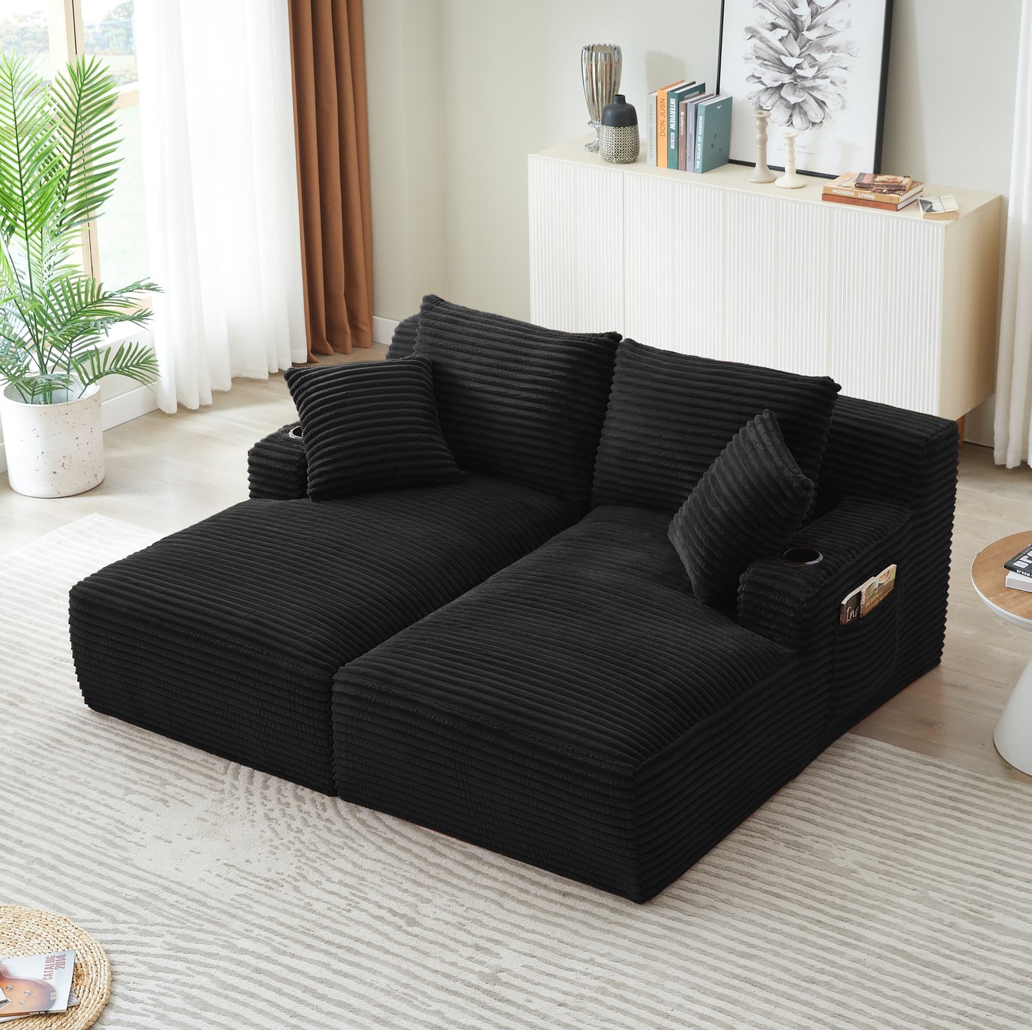 Wishdor Tweepersoons slaapbank - Dubbele chaise longue met bekerhouders - Zonder montage, zet uit na uitpakken - Voor woonkamer slaapkamer en leeshoek - Corduroy - Zwart - 157 x 180 x 84 cm