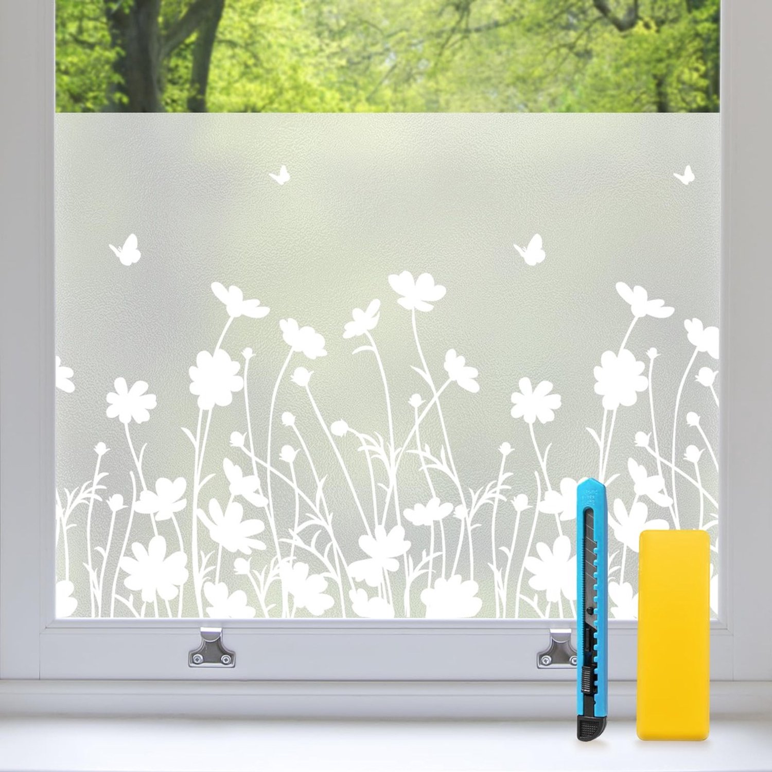 Duraxl Raamfolie - Ondoorzichtig - 119,5 x 200 cm - Bloemmotief Wit
