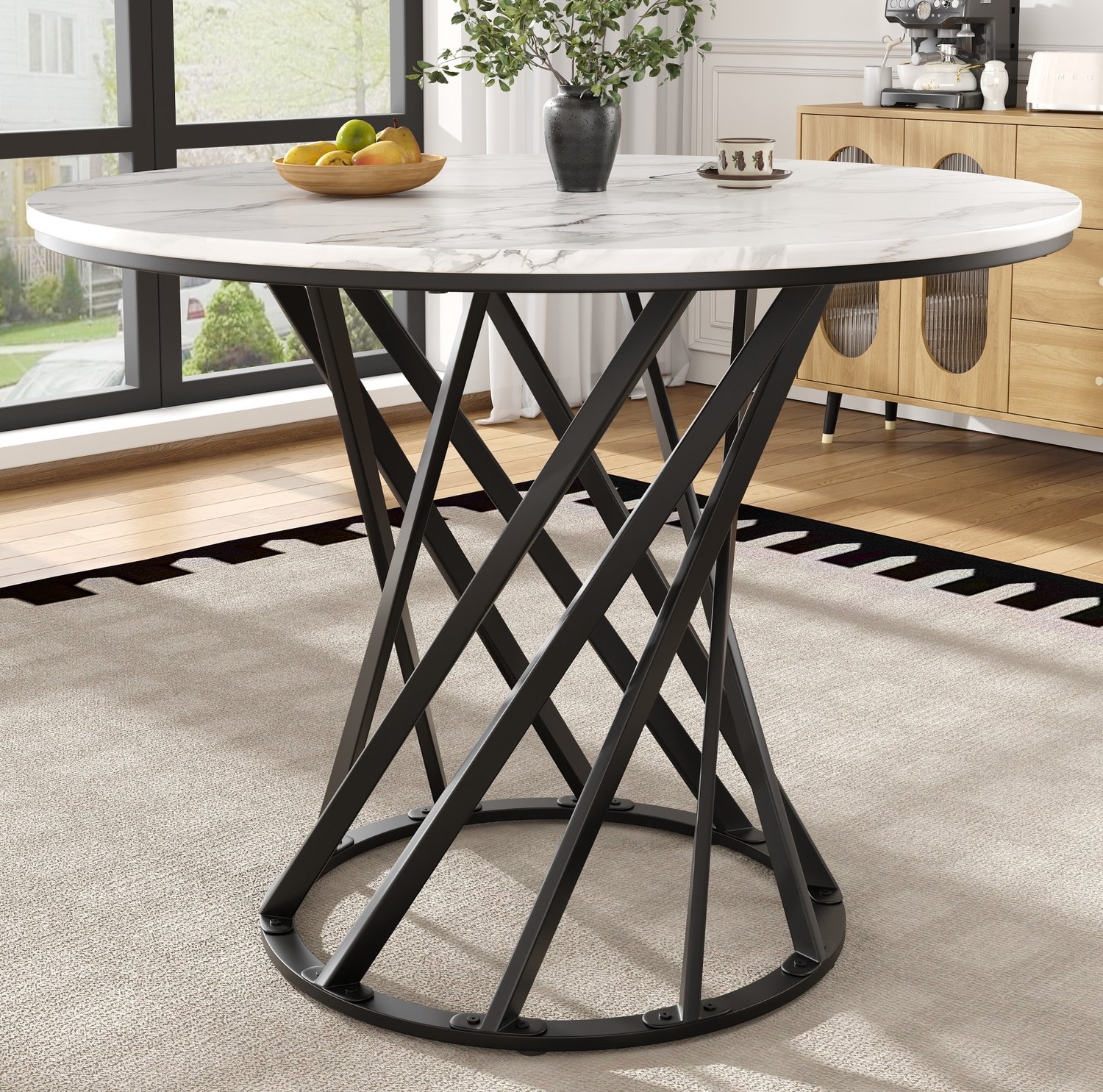 Maisentiel Ronde eettafel 80 x 80 x 76 cm – MDF blad met marmerlook – zwart-wit