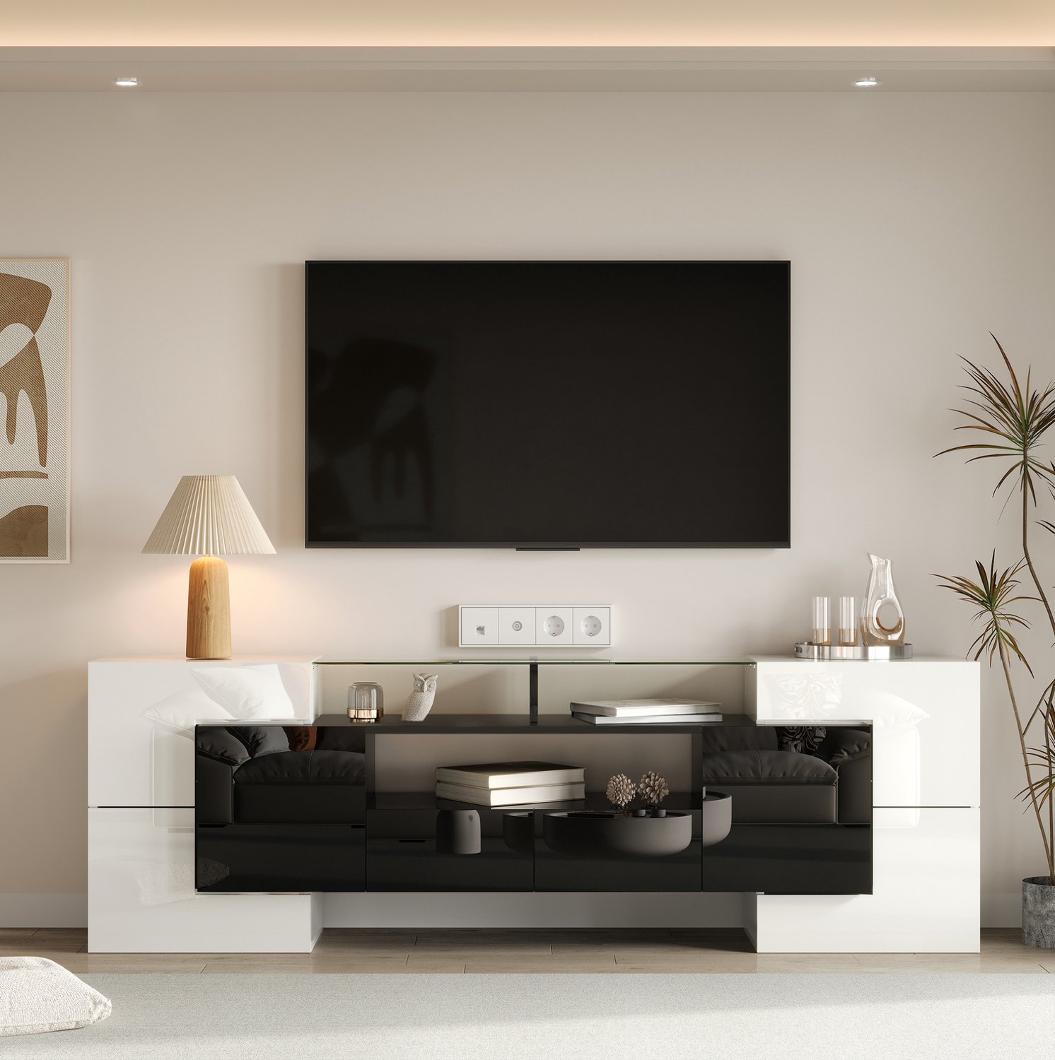 Maisentiel TV-meubel 200 cm - hoogglans wit en zwart - met ledverlichting en opbergruimte