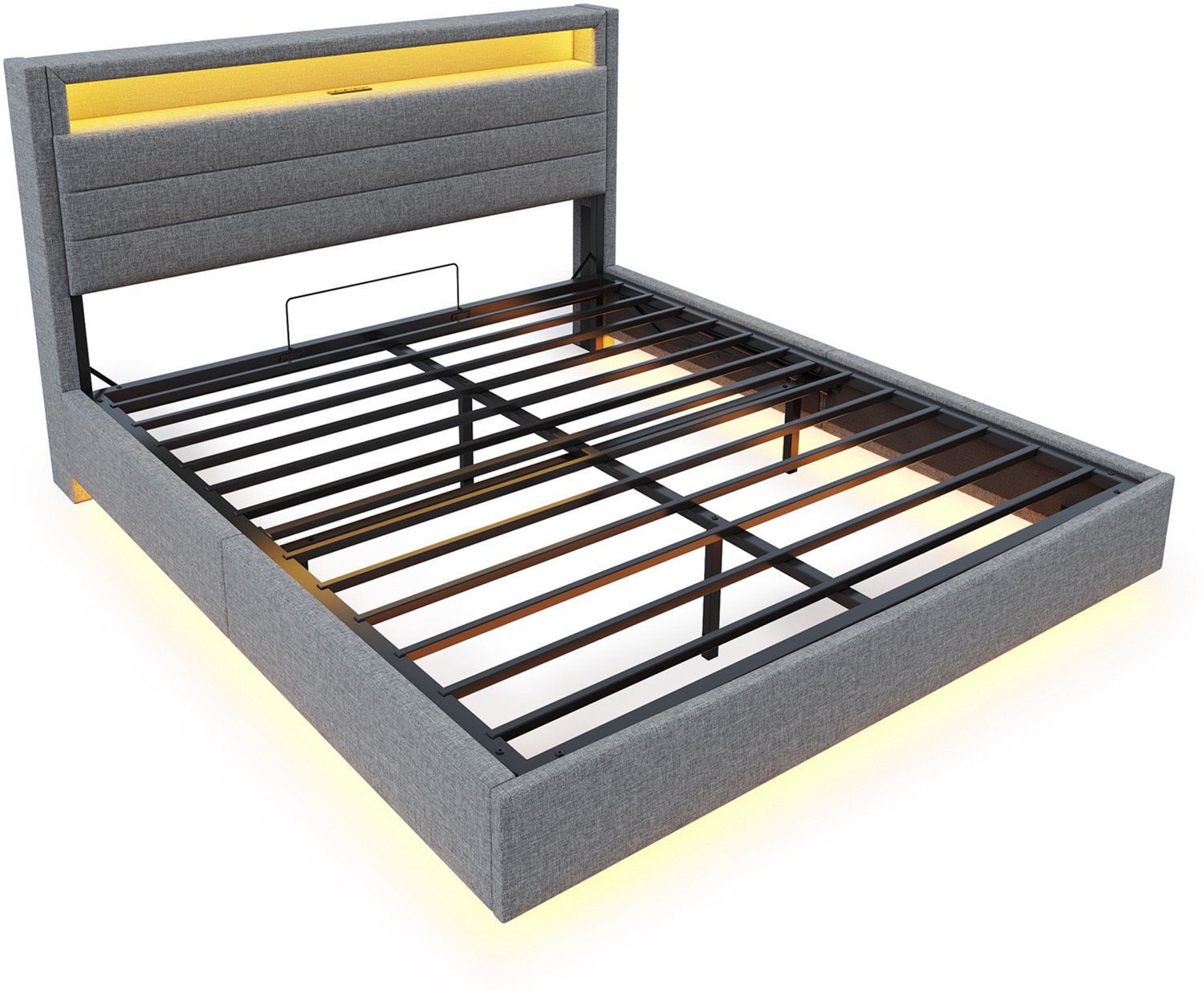 MUVANO Gestoffeerd bed 160x200 cm - Tweepersoonsbed met hydraulische opbergruimte - USB en ledverlichting - Linnen grijs - Zwevend frame met opklapbaar hoofdbord
