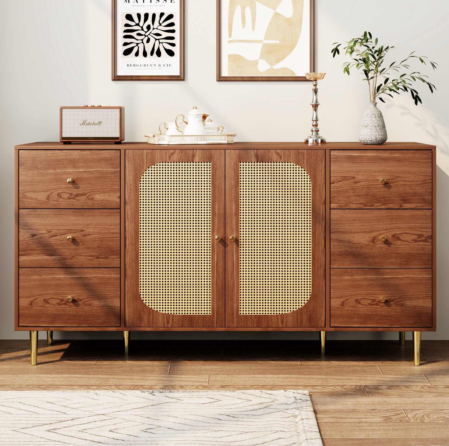 Maisentiel Dressoir met rotan deuren en 6 lades - bruin - 160 x 40 x 90 cm