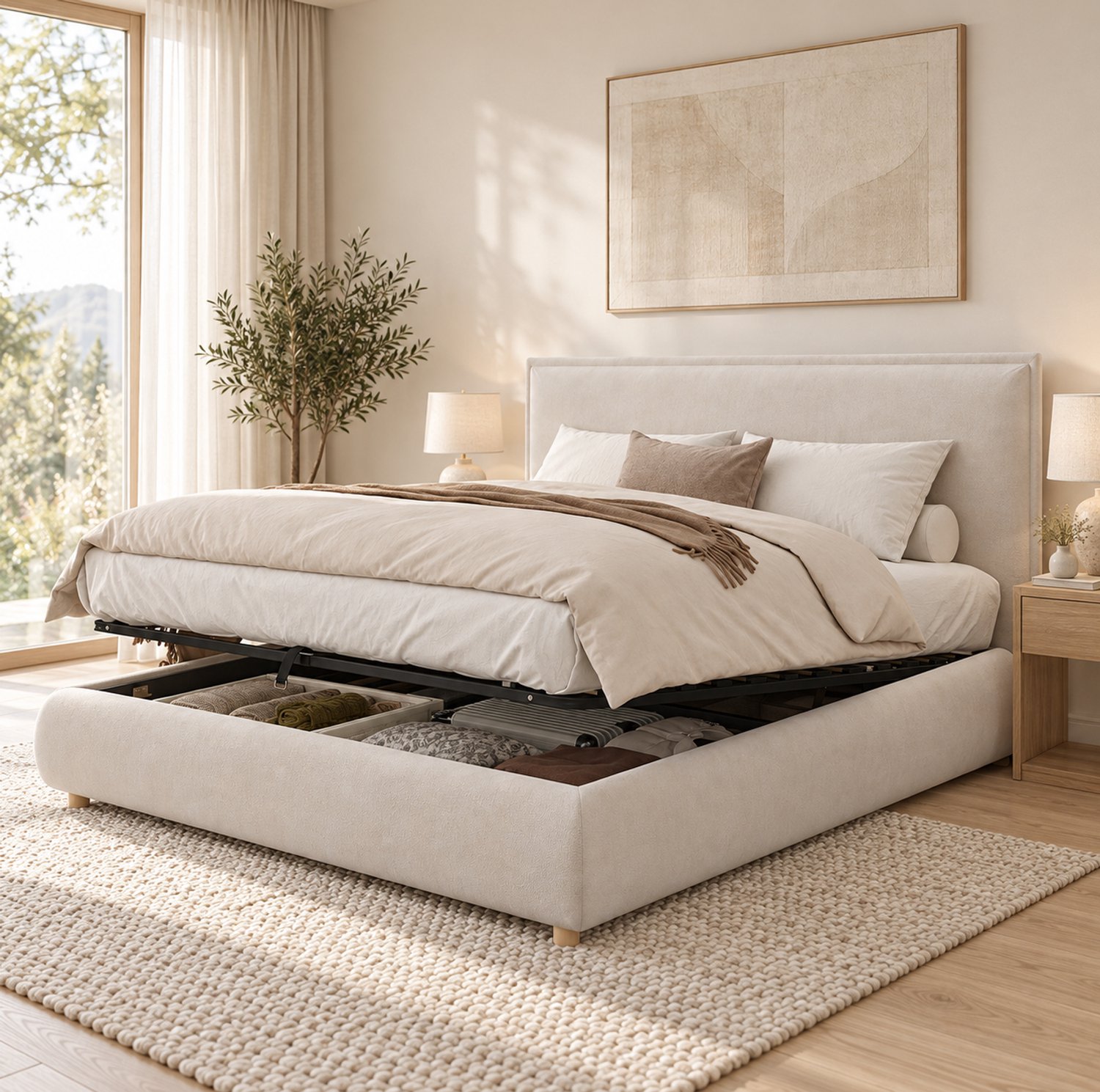 Maisentiel Gestoffeerd tweepersoonsbed 160 x 200 cm met opbergruimte en lattenbodem - crème