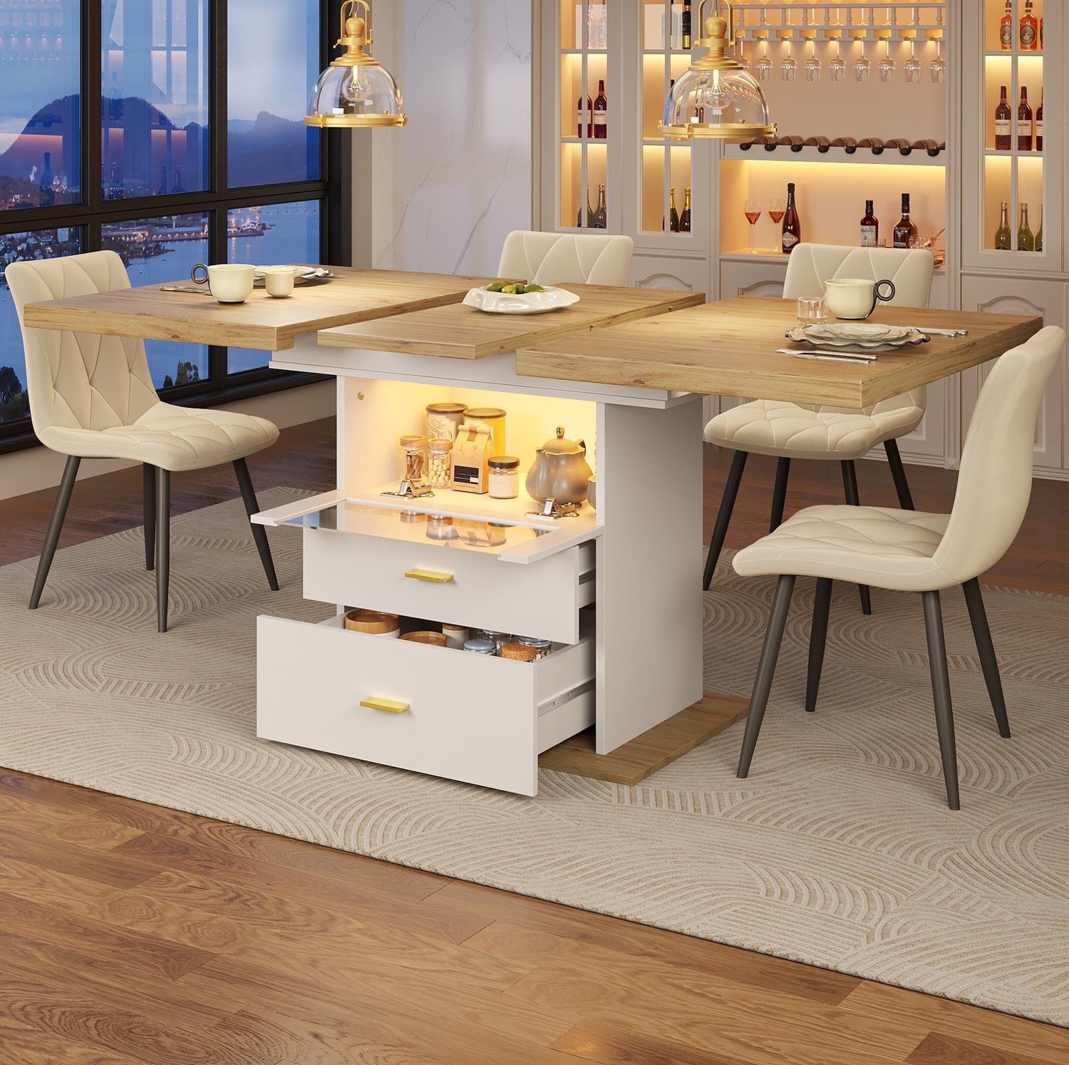 Maisentiel Uitschuifbare eettafel 110-140 cm met opbergruimte en appgestuurde LED-verlichting Wit en licht houtkleurig