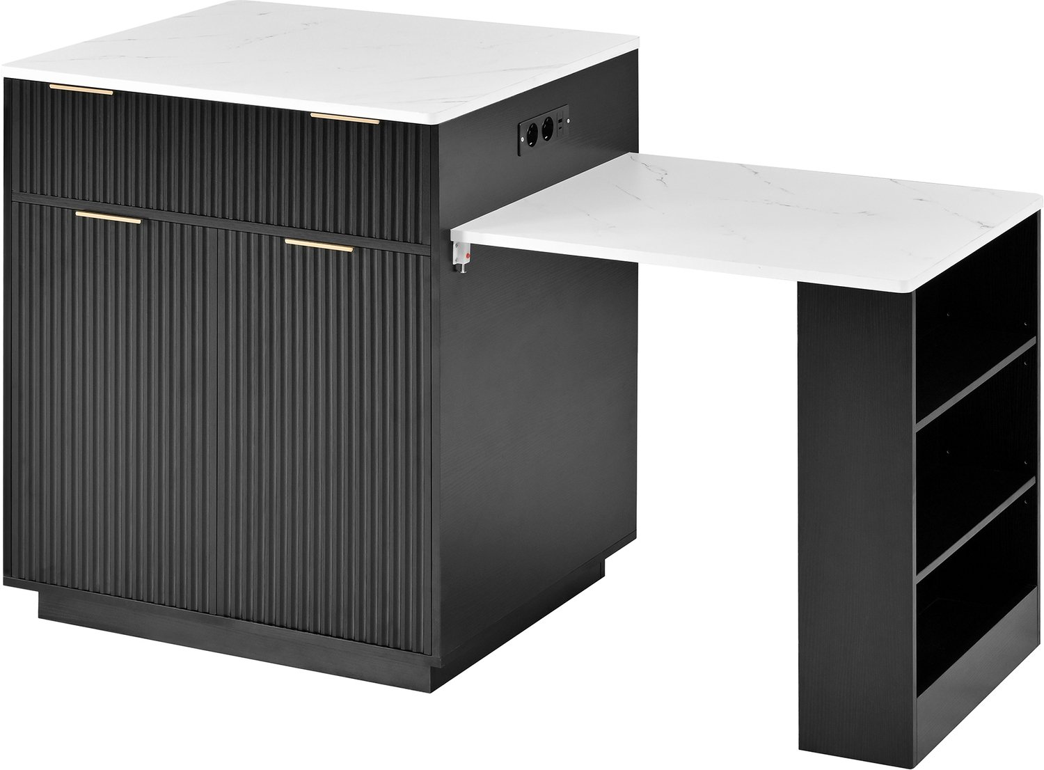 MUVANO Keukeneiland met uitschuifbare eettafel - Lades, ledverlichting en stopcontacten - MDF en spaanplaat - 127,5-205 x 67 x 92 cm - Keuken en eetkamer - Zwart