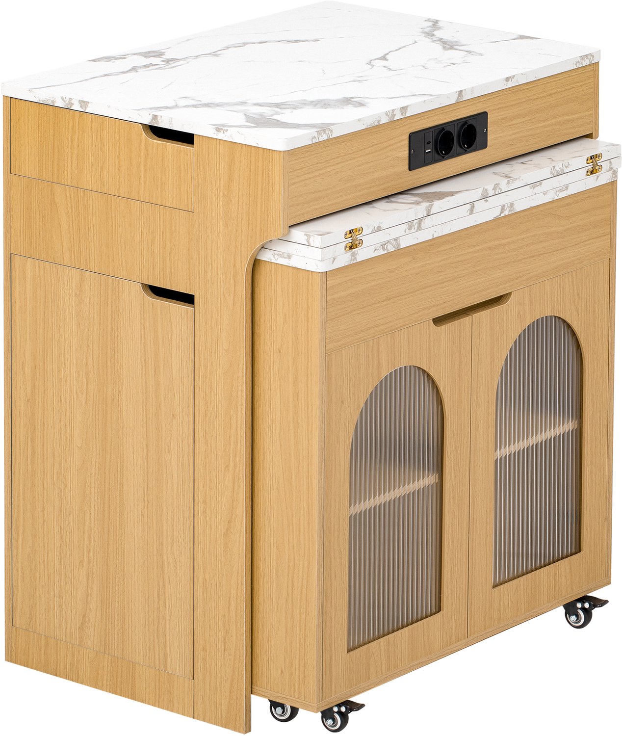 MUVANO Keukeneiland op wielen - Uitschuifbare eettafel met stopcontacten - 2 lades en ribbelglas - 93 cm hoog - Keuken en eetkamer - Naturel
