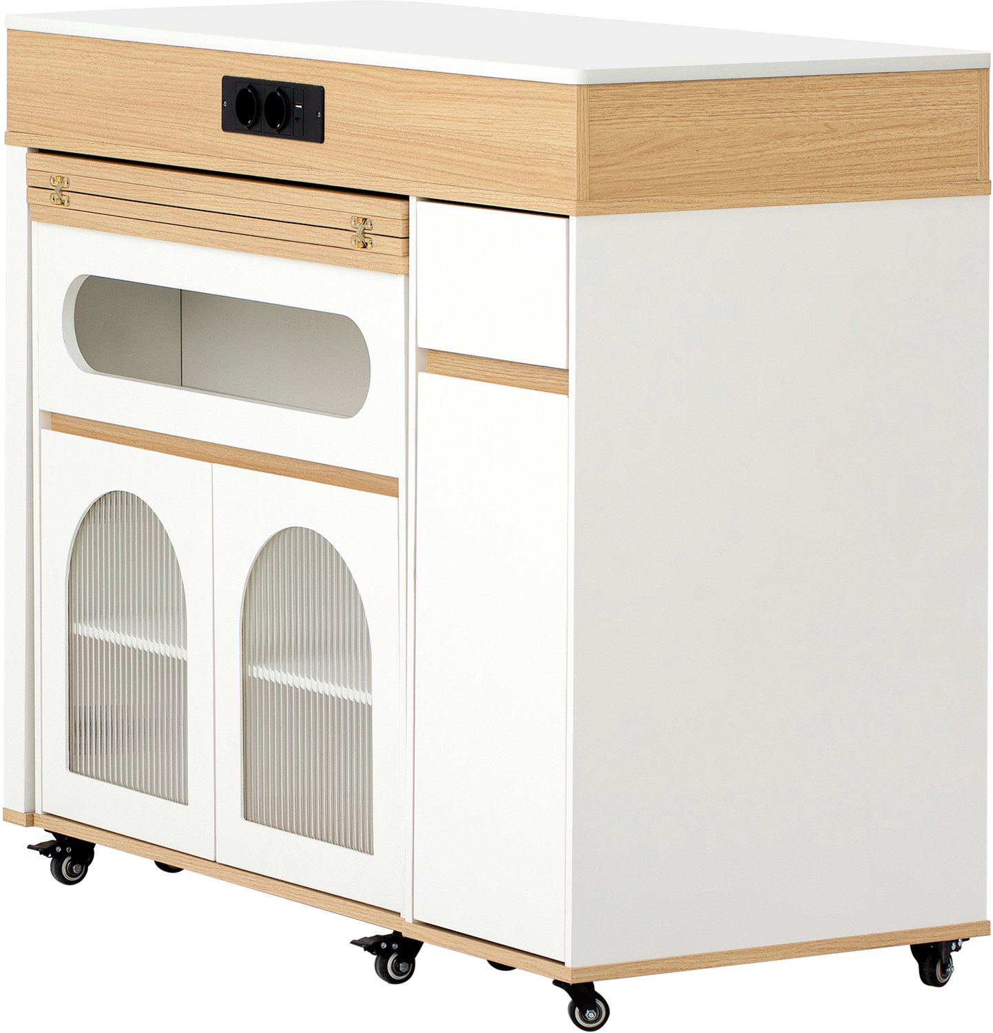 MUVANO Uitschuifbare eettafel - Keukeneiland op wielen - Met stopcontacten, lade en ribbelglas - 95,5 cm hoog - Keuken en eetkamer - Wit/naturel