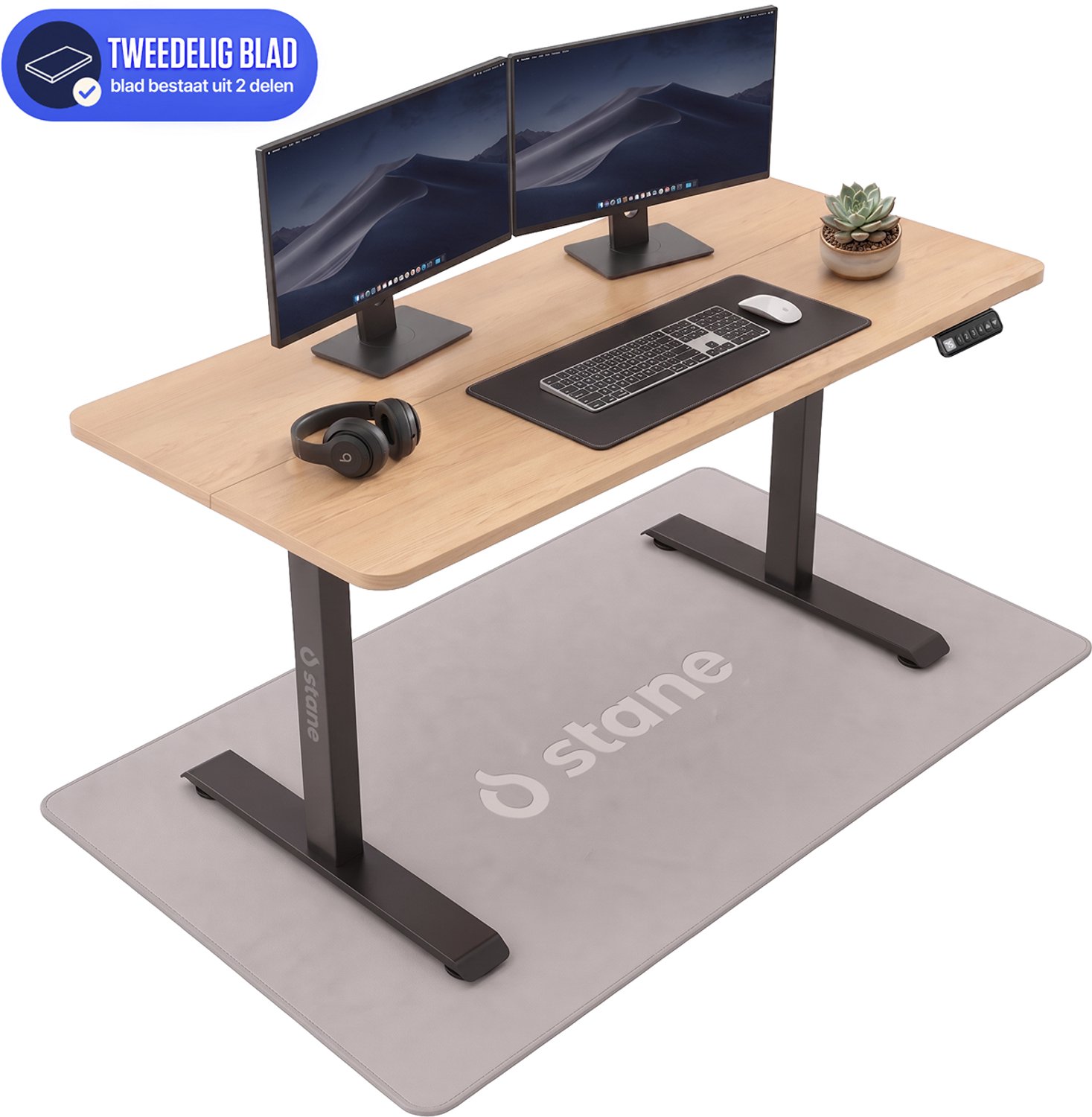Stane Zit Sta Bureau Elektrisch Verstelbaar - 2-Delig Blad - Incl. Kabelgoot - 140 x 60 cm - Eiken