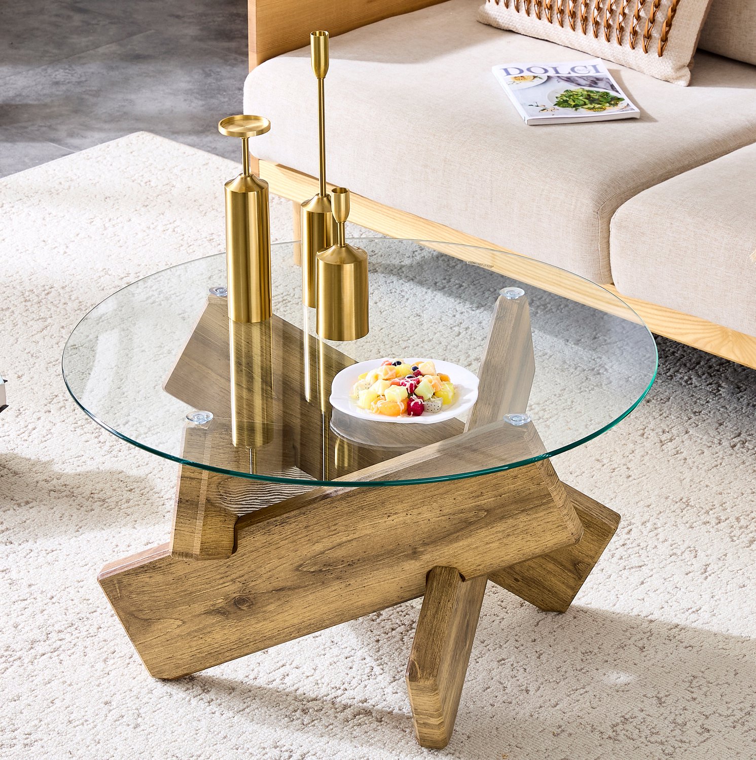 MIVRAY Salontafel - Rond Blad van Gehard Glas - Kruisvormig Onderstel met Houtnerf - Voor Woonkamer en Leeshoek - MDF - 79 x 79 x 45 cm Transparant