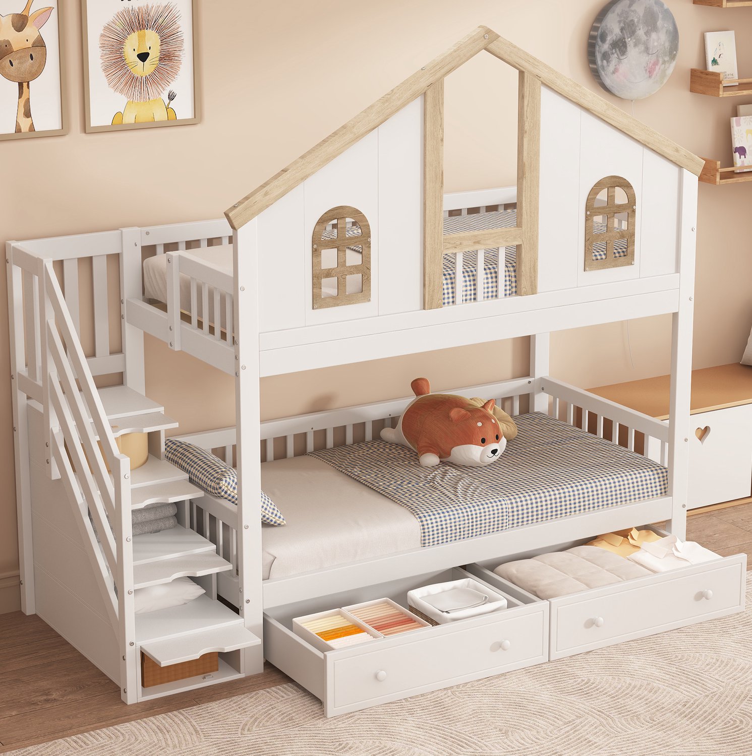 MODFU Stapelbed - Opbergtrap En Lades - Huisvorm - Hout En MDF - Wit En Naturel - 90 X 200 Cm Wit en naturel hout