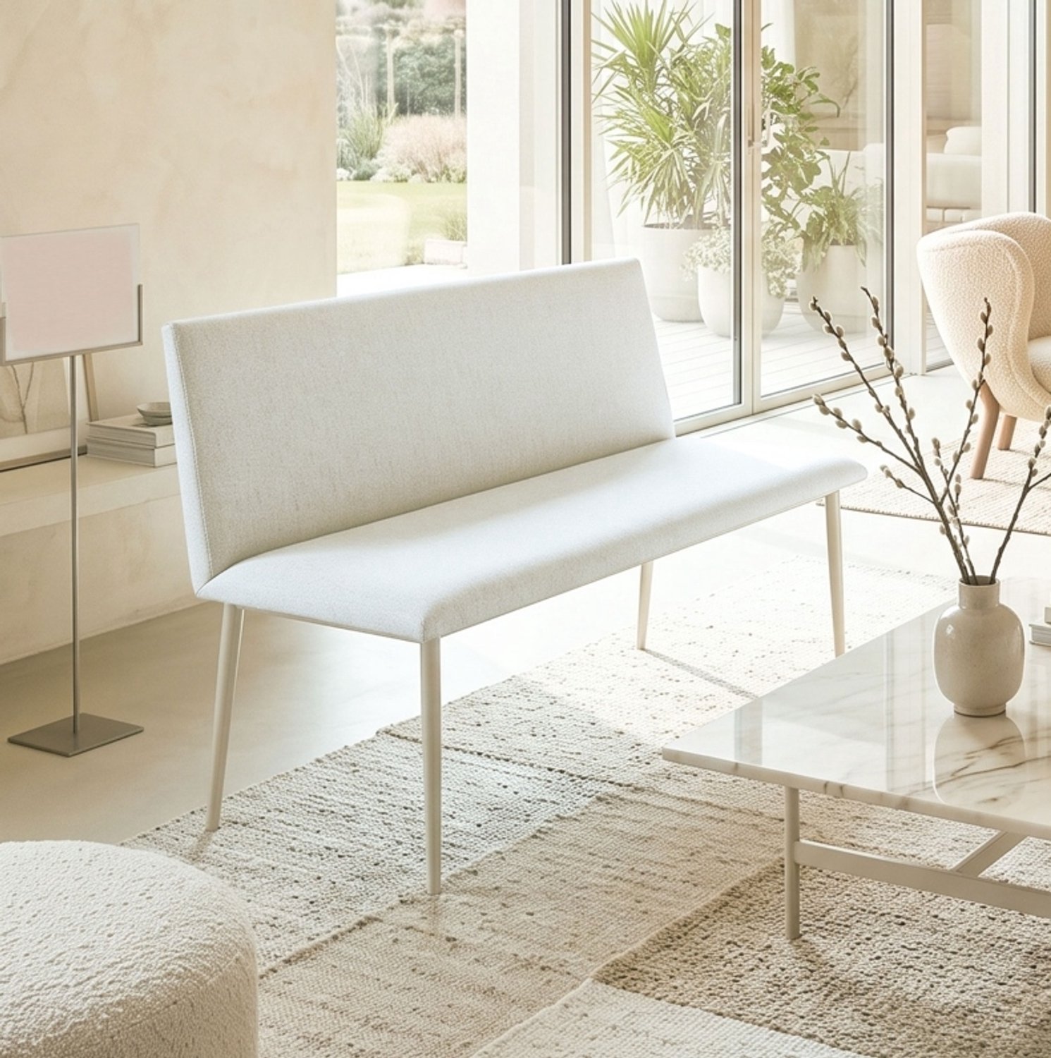 HAUSS SPOLE Eetbank - Eetkamerbank voor Twee Personen - Zonder Armleuningen met Rugleuning en Metalen Poten - voor Eetkamer en Woonkamer - Polyester - Beige