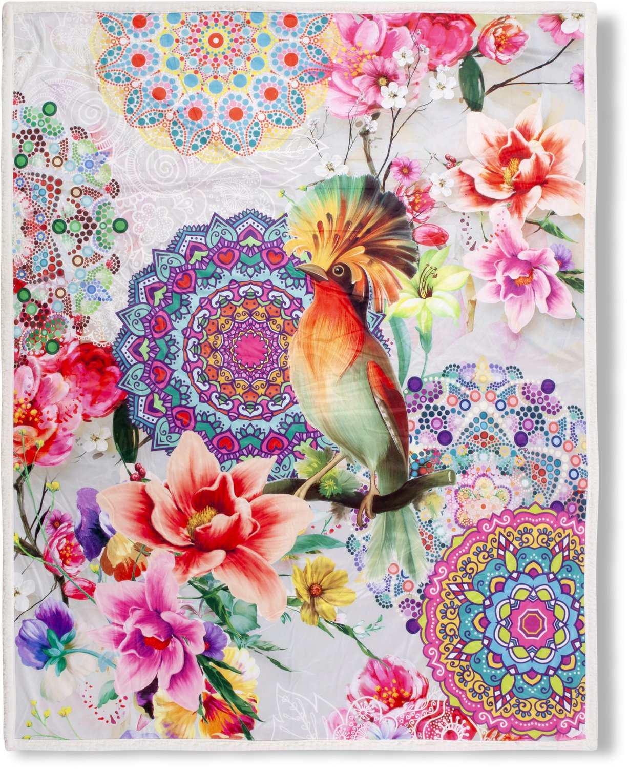 Hip plaid mandalas, bloemen en een vogel - 130x160 cm - Multi - 100% Polyester velours