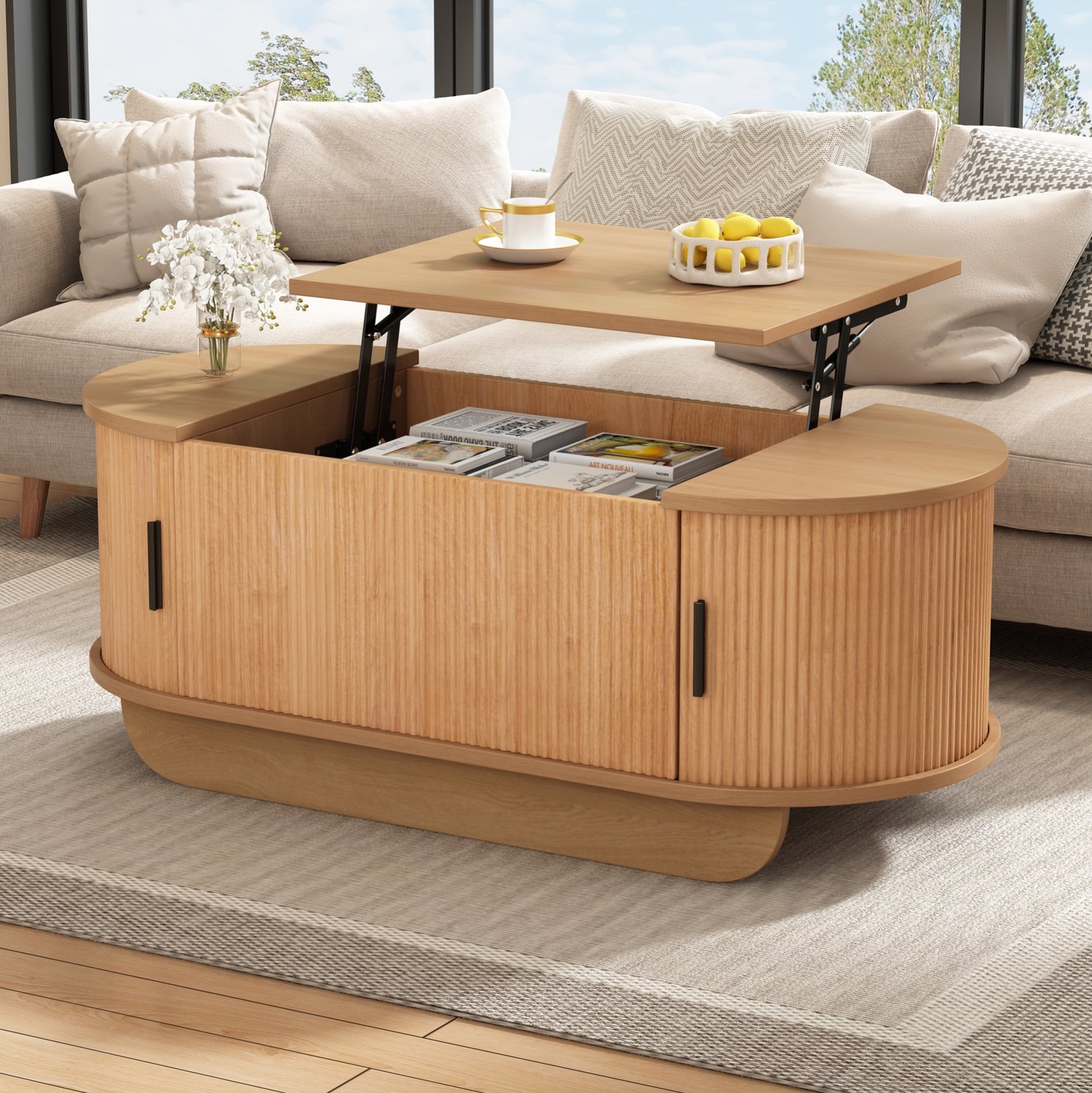 MODENUIT Salontafel - Verstelbaar Blad Met Opbergruimte - Voor Woonkamer - Mdf Houtkleur - 110x50x42 Cm