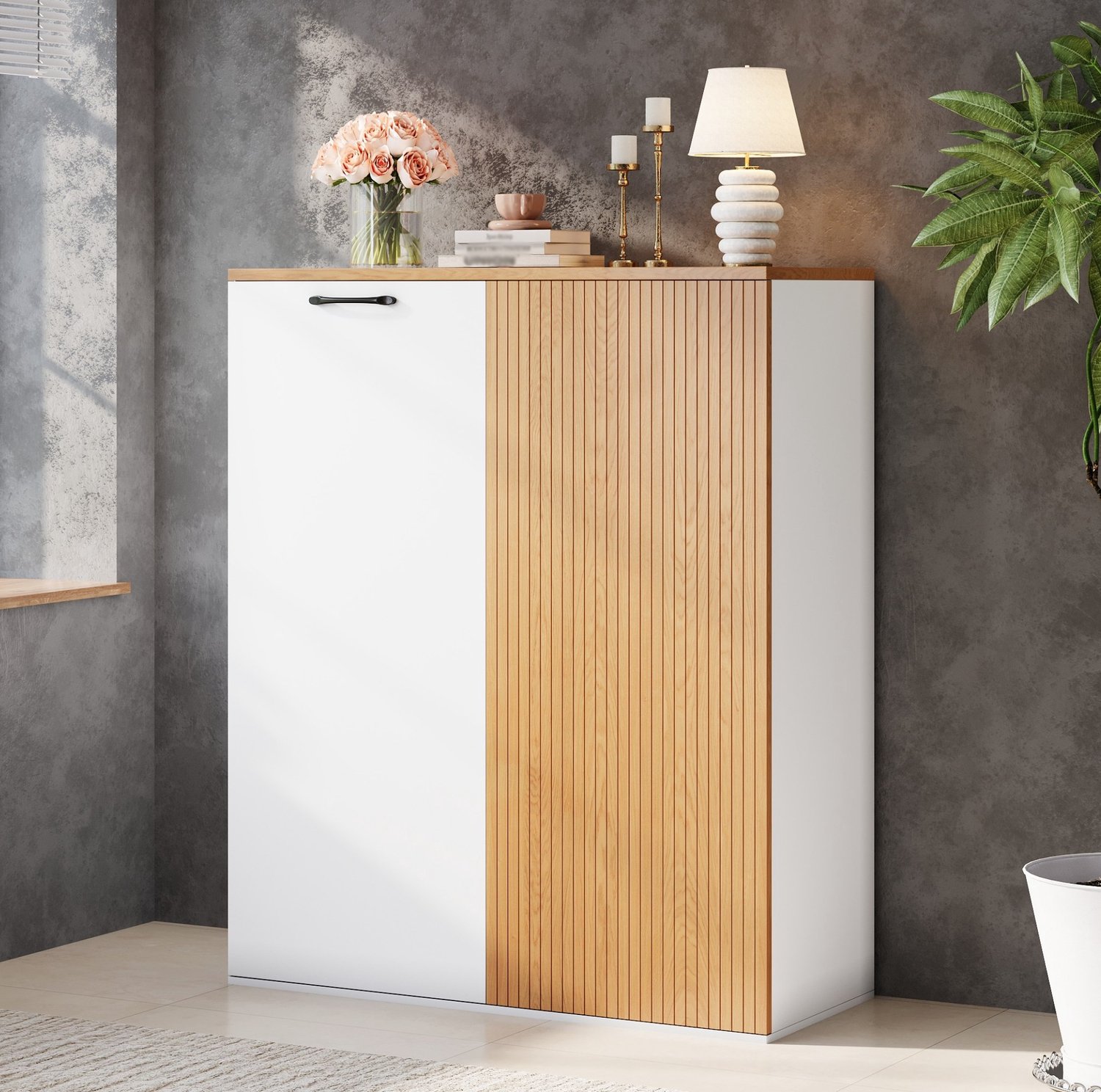 HAUSS SPOLE Opbergkast - Twee Deuren Met Zachtsluitende Scharnieren - Voor Kantoor En Woonkamer - MDF - 80x40x110 Cm - Wit En Eikenkleur Wit en eikenhoutkleur