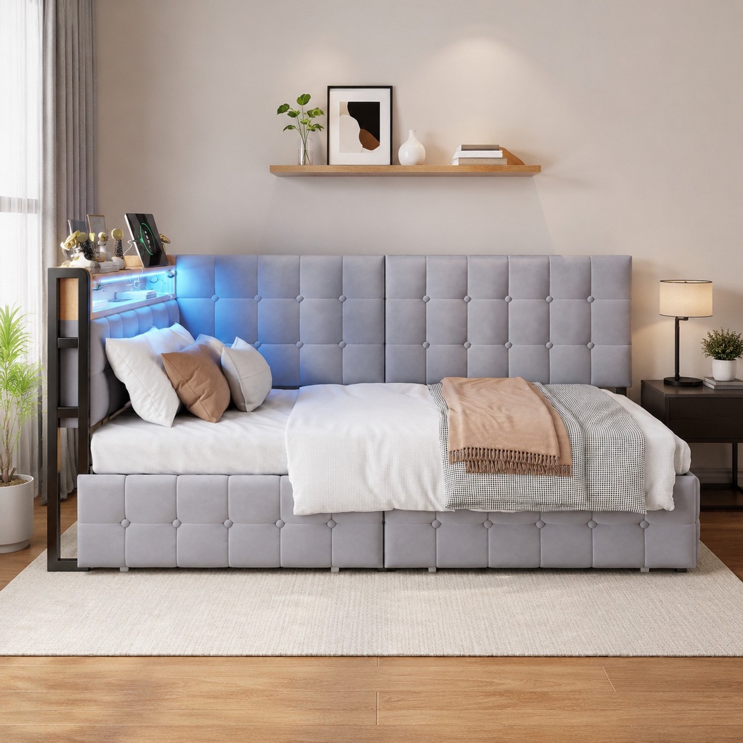 Maisentiel Grijze gestoffeerde slaapbank 90 x 200 cm met 2 lades, ledverlichting en USB-C Grijs