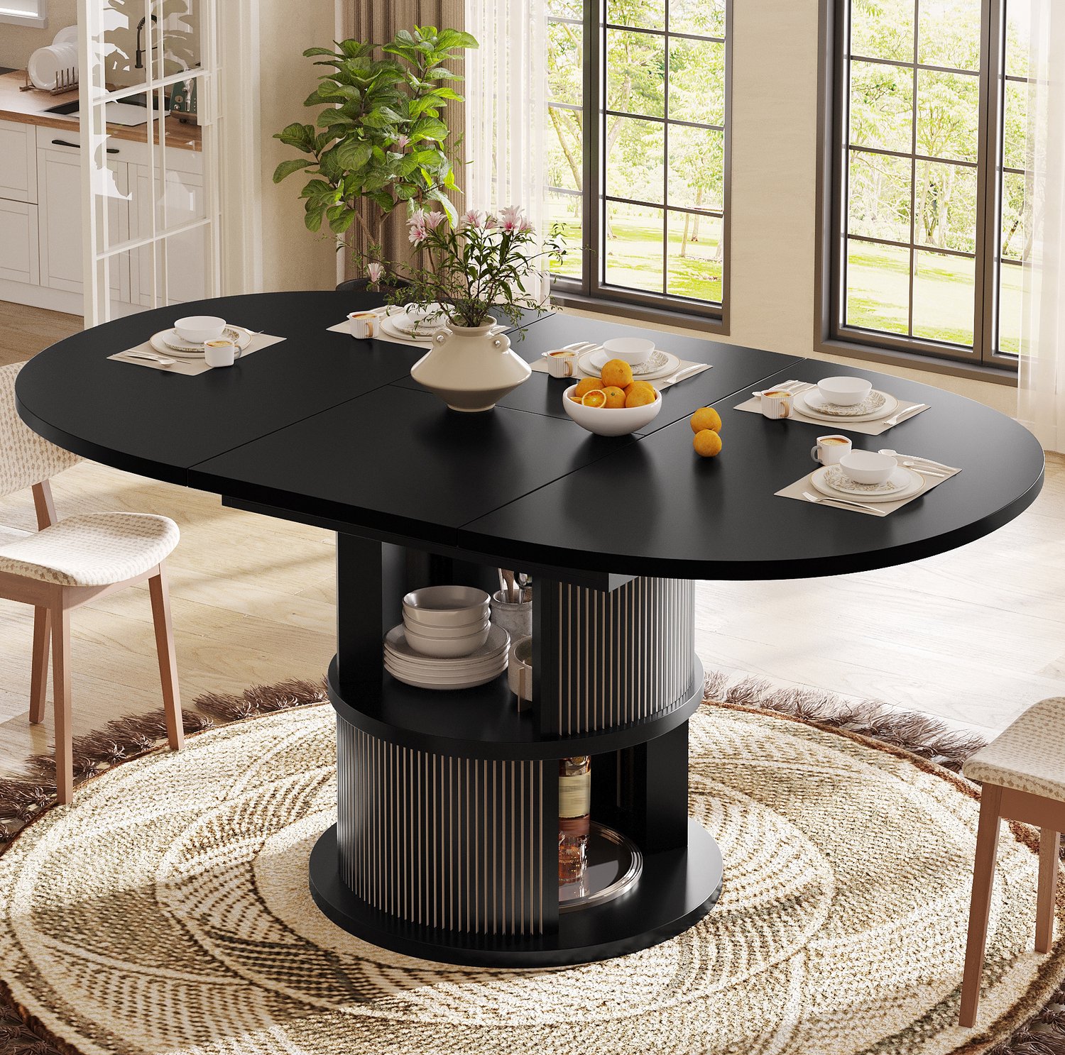 Maisentiel Uitschuifbare ovale eettafel 118-158 x 118 cm - zwart - opbergruimte in tafelvoet