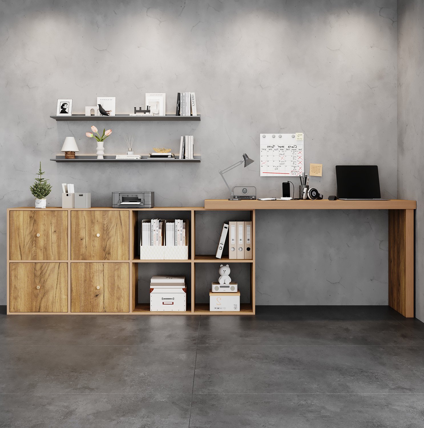 HAUSS SPOLE Hoekbureau - 360 Graden Draaibaar Blad met 4 Laden en 4 Open Vakken - Voor Werkkamer en Slaapkamer - MDF Eikenlook - 140 x 120 x 78 cm