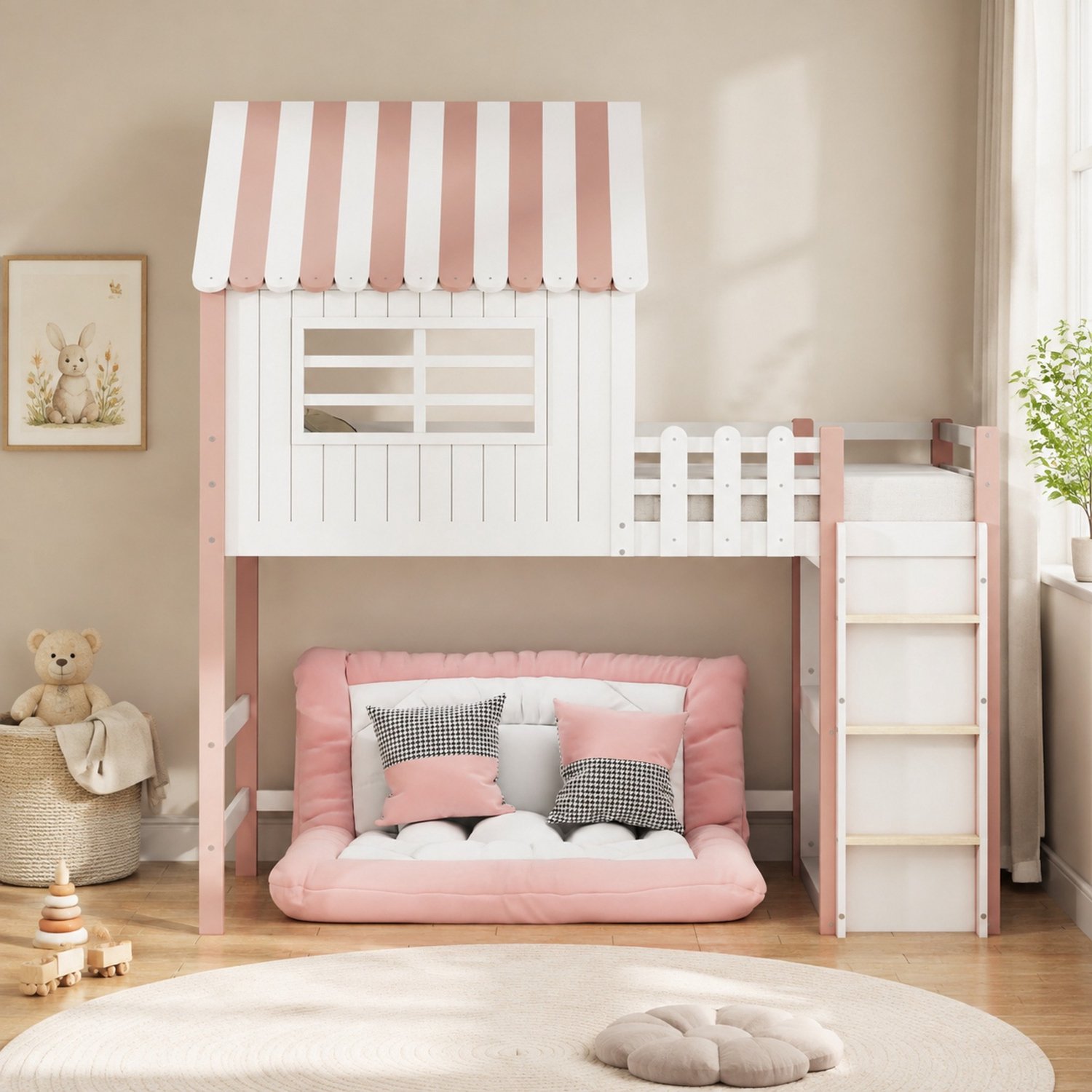 Maisentiel Kinderhoogslaper 90 x 200 cm met huisvorm, ladder en lattenbodem - roze