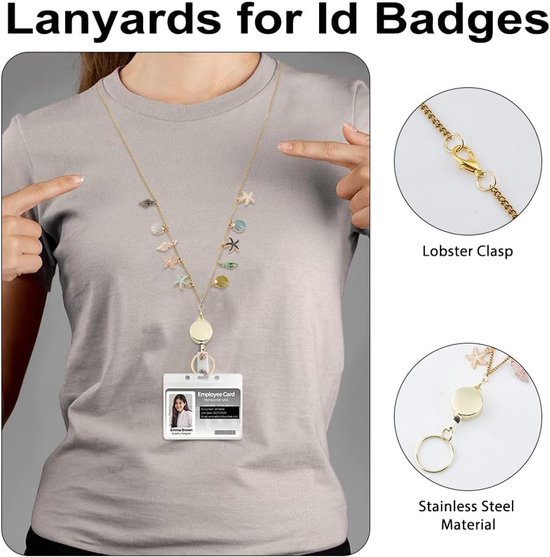 3 Stuks Intrekbare Badge Reel met Oceaan Kralen en Gouden Roestvrijstalen Ketting voor ID Houder, Perfect voor Verpleegkundigen, Leraren en Vrijwilligers — afbeelding 2