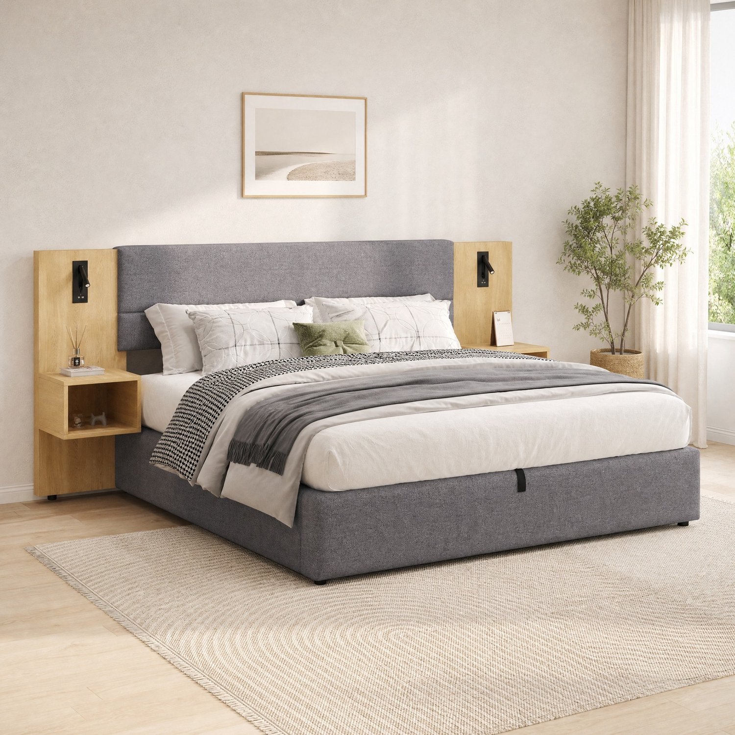 Maisentiel Gestoffeerd bed 160 x 200 cm - grijs fluweel, opbergruimte, 2 nachtkastjes en USB