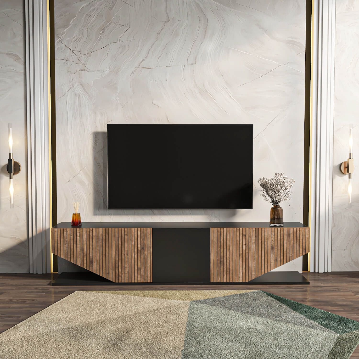 Decorotika TV Meubel 180 cm – Zwart en Alina – Modern Televisiemeubel met Opbergruimte – Minimalistische TV Kast voor Woonkamer Zwart - Walnoot