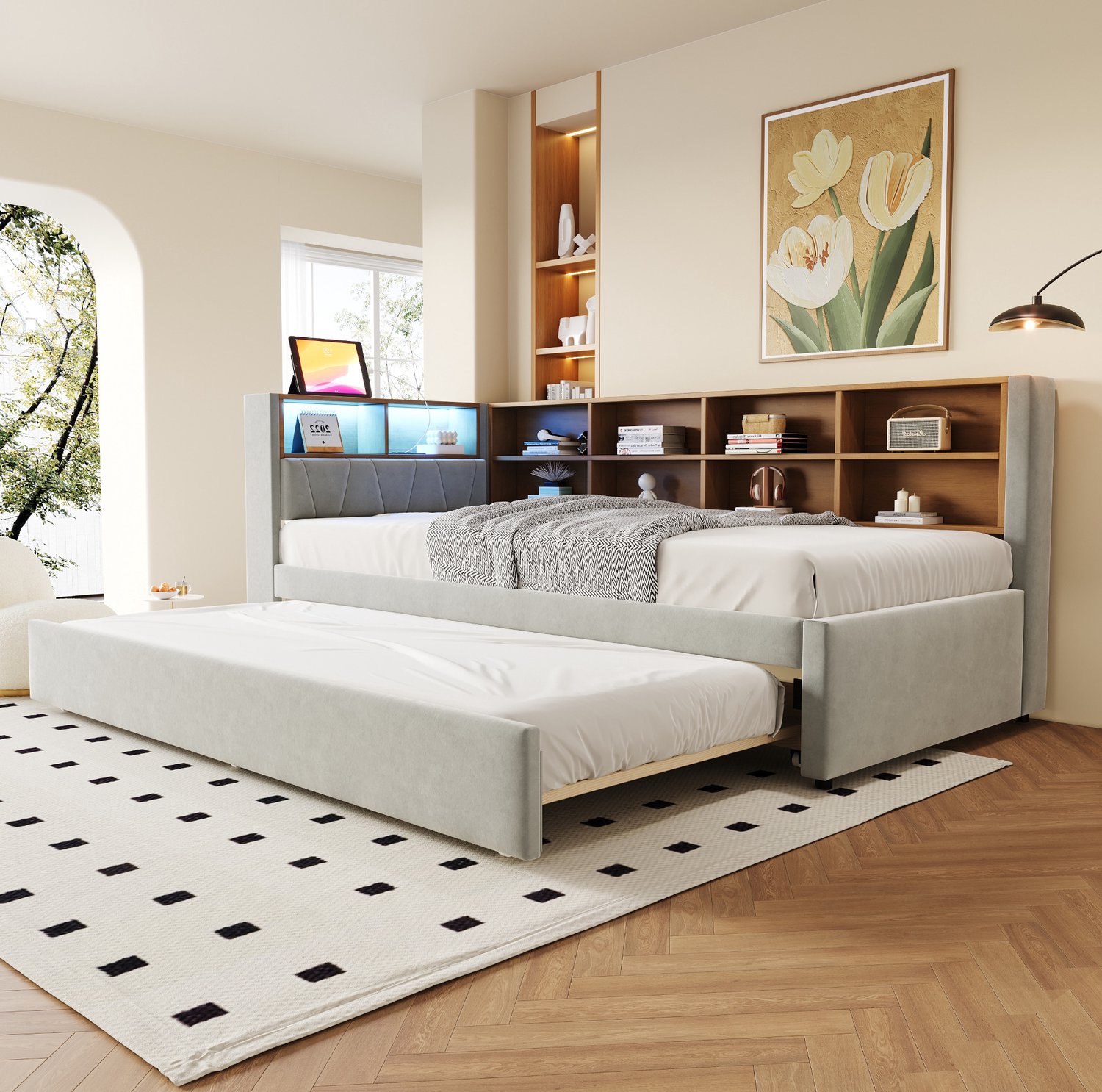 Maisentiel Bedbank met uitschuifbed 90 x 200 en 90 x 190 cm - LED en opbergruimte - lichtgrijs