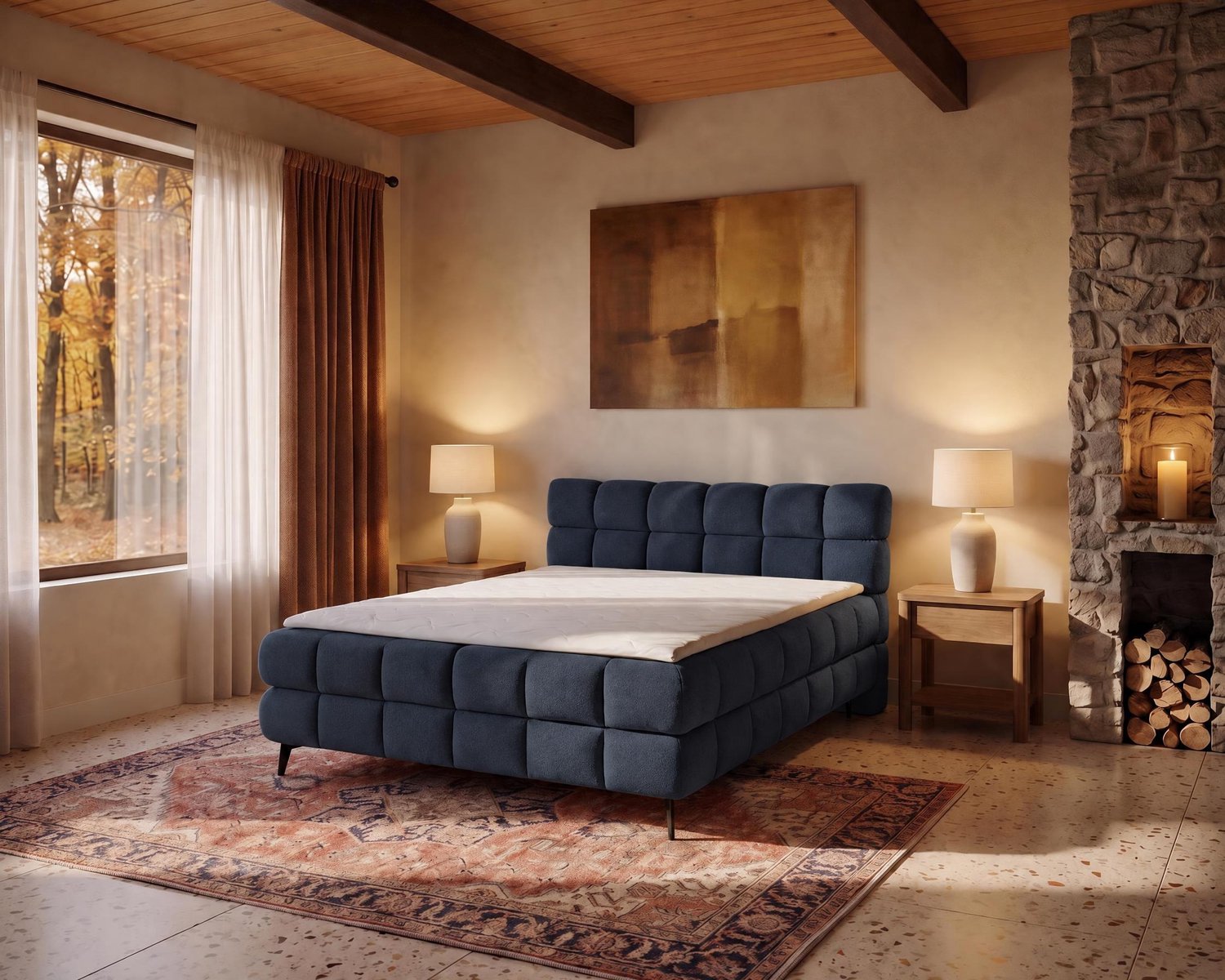 Homesy MERANO boxspring 180 x 200 cm, Donkerblauw, met topper en opbergruimte