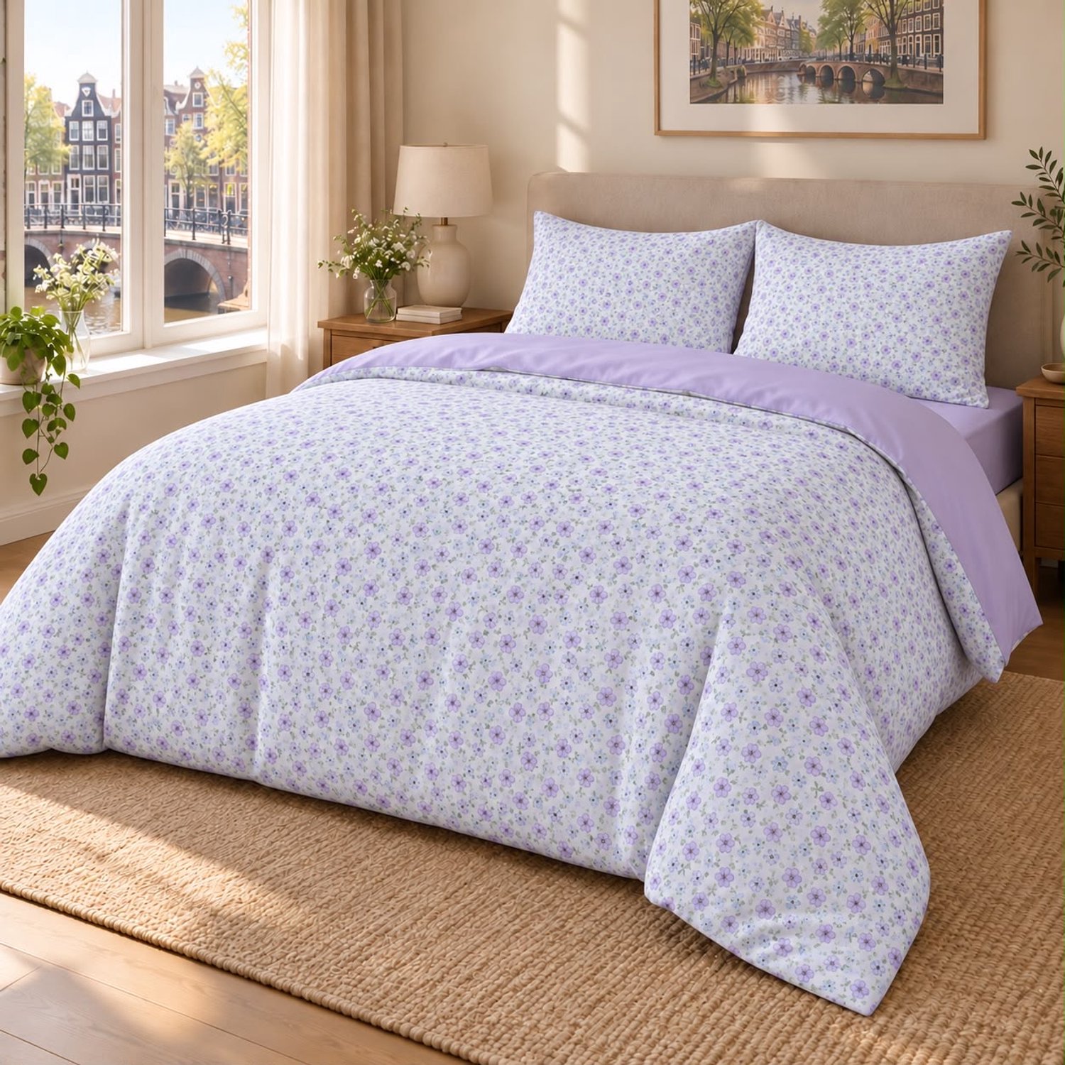 Maison Elara Dekbedovertrek Set 4-delig - 200x220 cm - incl. Hoeslaken 160x200x30 cm & 2 Kussenslopen 60x70 cm - Geborsteld Microvezel - Bloemenprint Wit/Lila