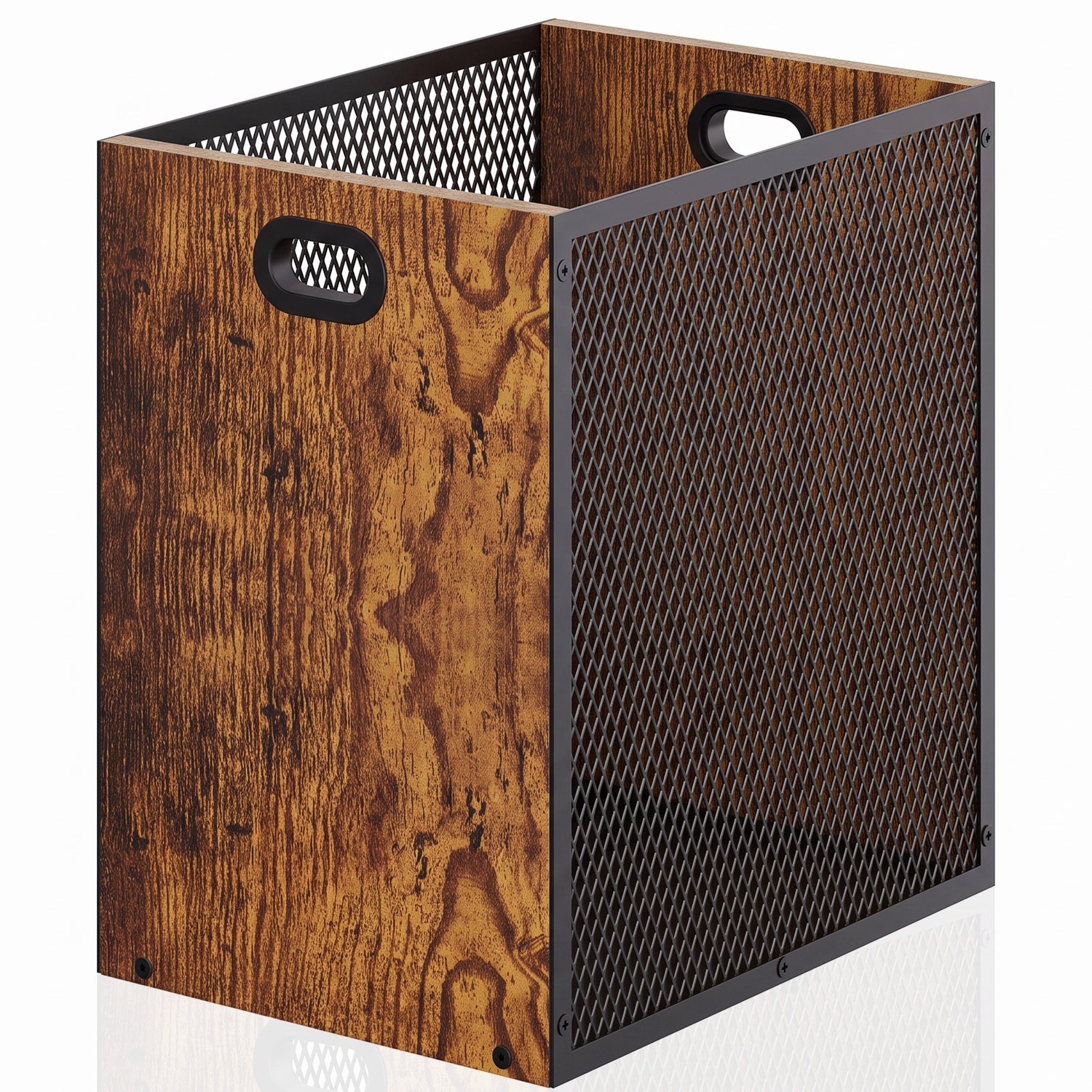 Vintage papierbak - Industriële prullenbak zonder deksel - H30 x B20 x D28 cm - IJzer en hout - 2 handgrepen - Kantoor en woonkamer - Bruin-zwart - Design Vierkant Prullenbak voor Kantoor - Retro prullenbak met metalen mand – 17 liter
