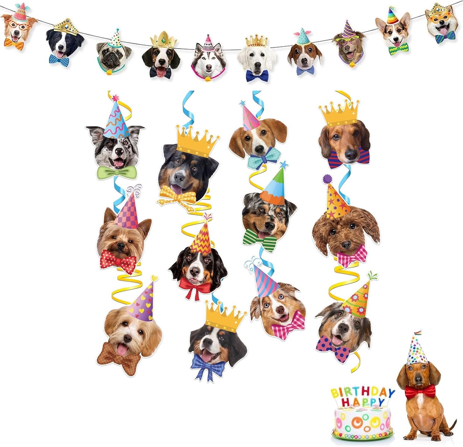 Hondencake decoratie - kleurrijke teckel verjaardagsbanner - 12 hondenspiralen - feestaccessoires voor hondenfeest - ShopVlot