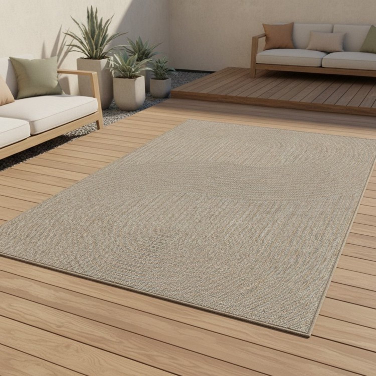TapisTrend Designer tapijt Beige 160x220 cm Modern vloerkleed met sisal-look en geometrisch gebogen patroon, geschikt voor binnen- en buitengebruik, voor terras