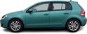 Zij-aanzicht van een turquoise Volkswagen Golf 6 met 5 deuren en lichtmetalen velgen.
