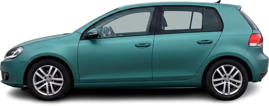 Zij-aanzicht van een turquoise Volkswagen Golf 6 met 5 deuren en lichtmetalen velgen.